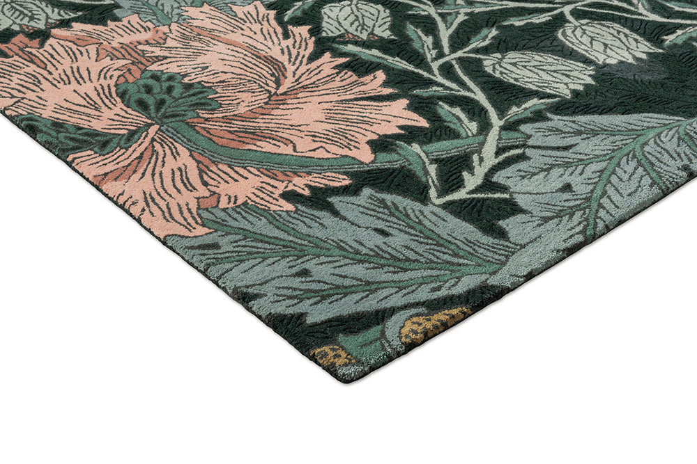 Wool rug HONEYSUCKLE & TULIP TEAL dark green with pink