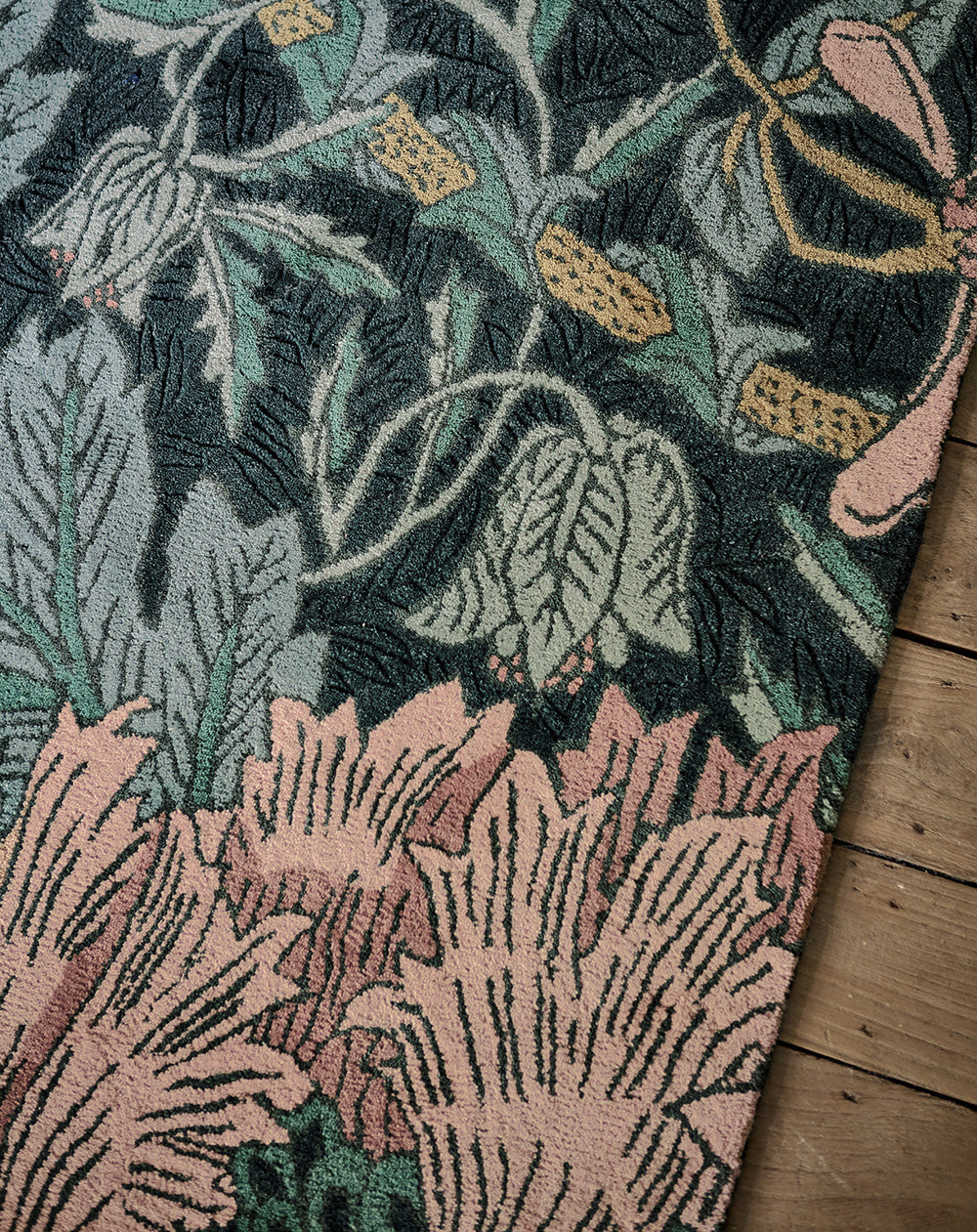 Wool rug HONEYSUCKLE & TULIP TEAL dark green with pink