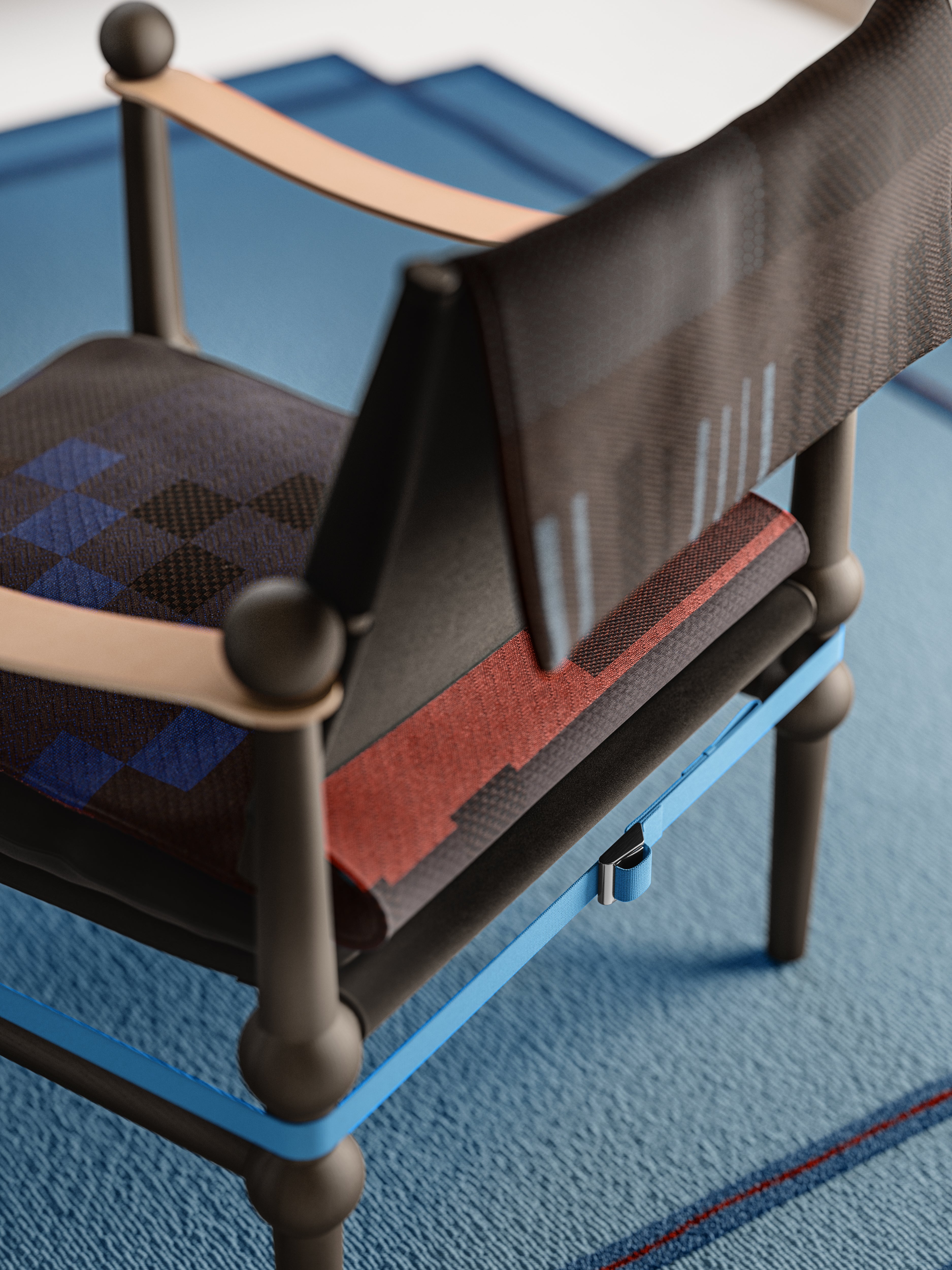 TWAIN armchair with a brown-blue blanket and a black beech base