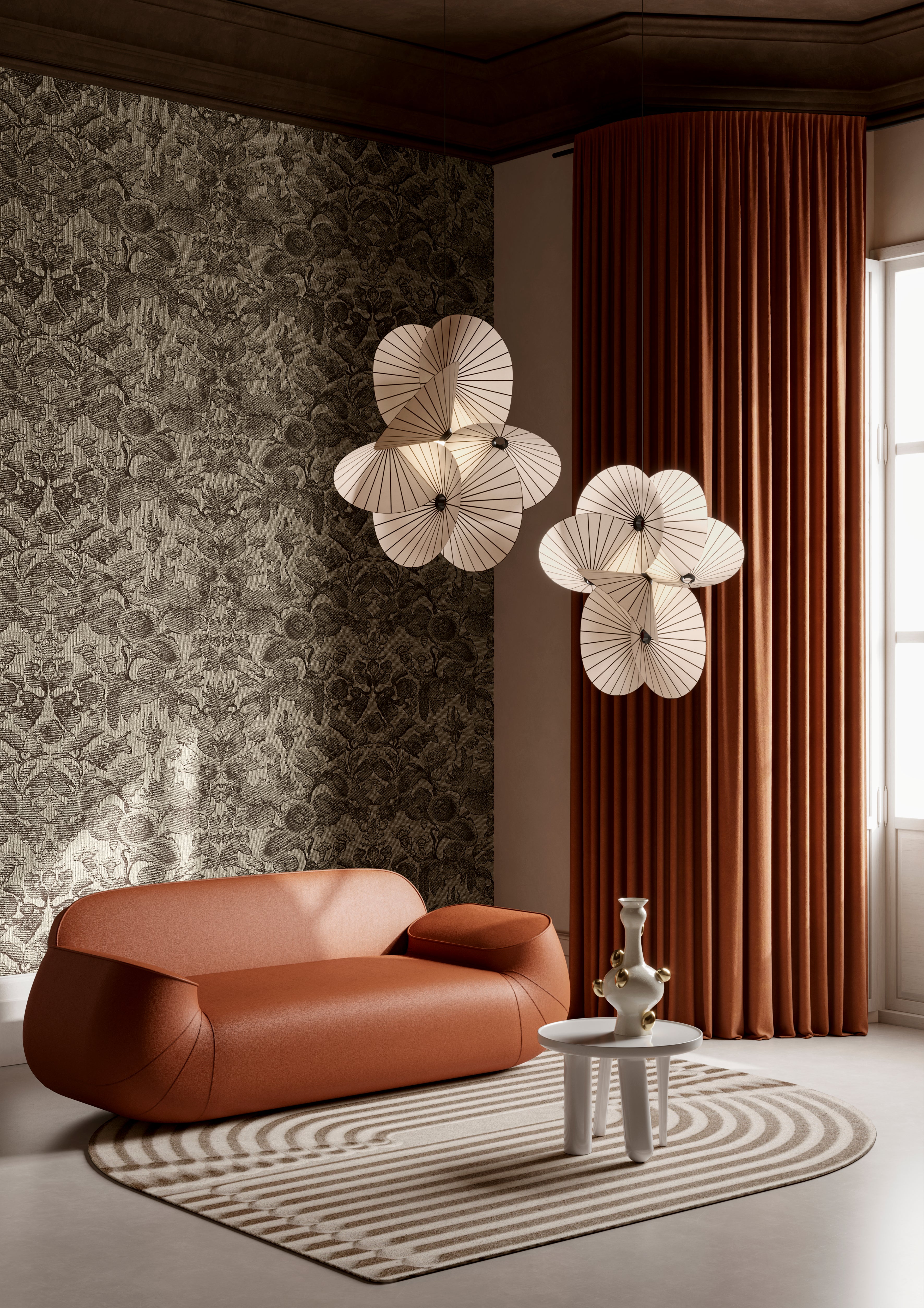 Textil-Tapete mit Pflanzenmuster COCCINELLA BELLA JACQUARD dunkelbeige mit Schwarz