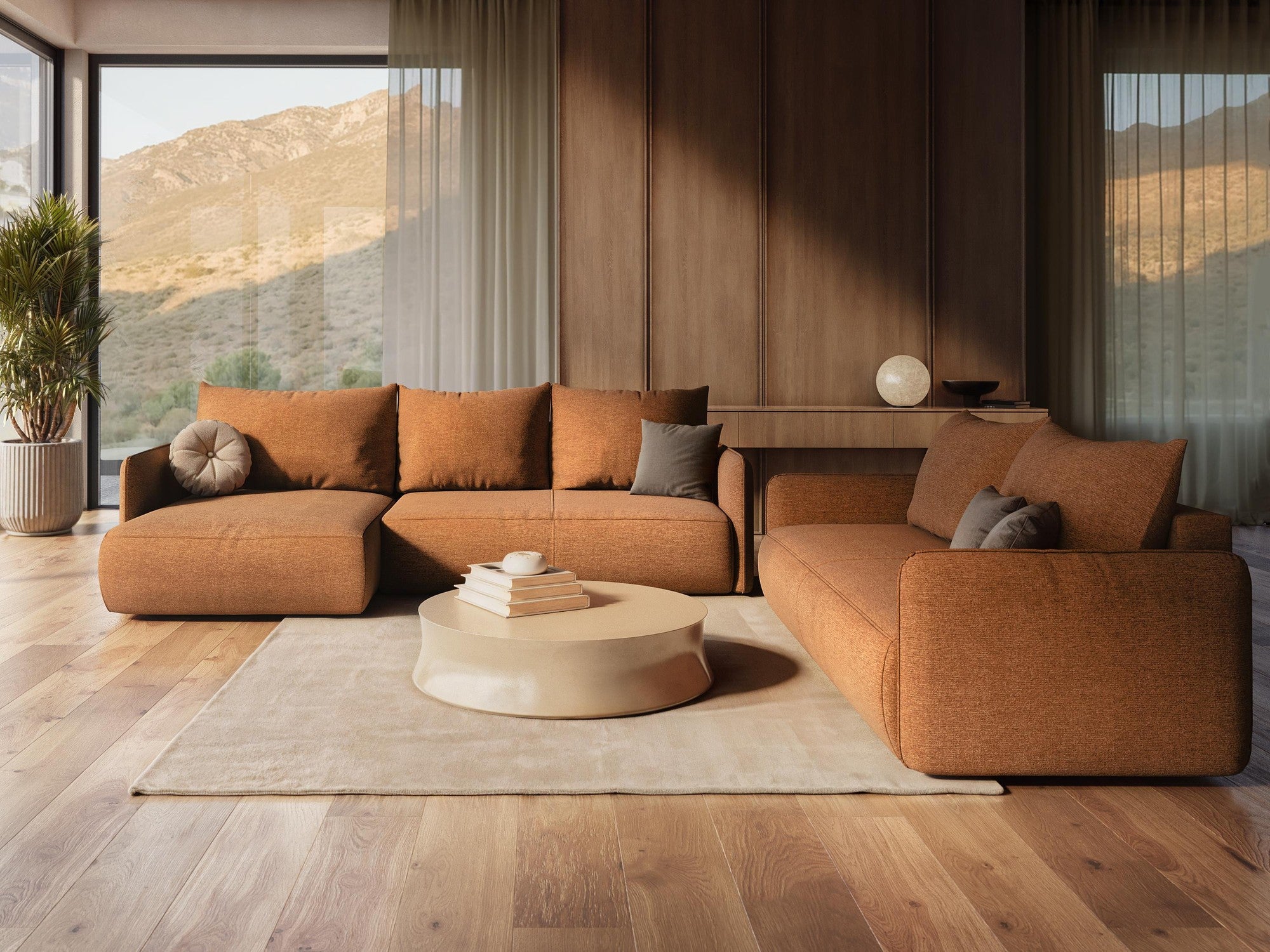 Panoramacouch mit Schlaffunktion NANEA dunkelbeige Chenille