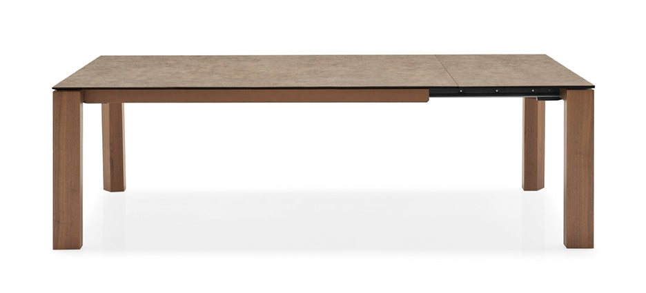 Extendable table OMNIA with a brown top and walnut base