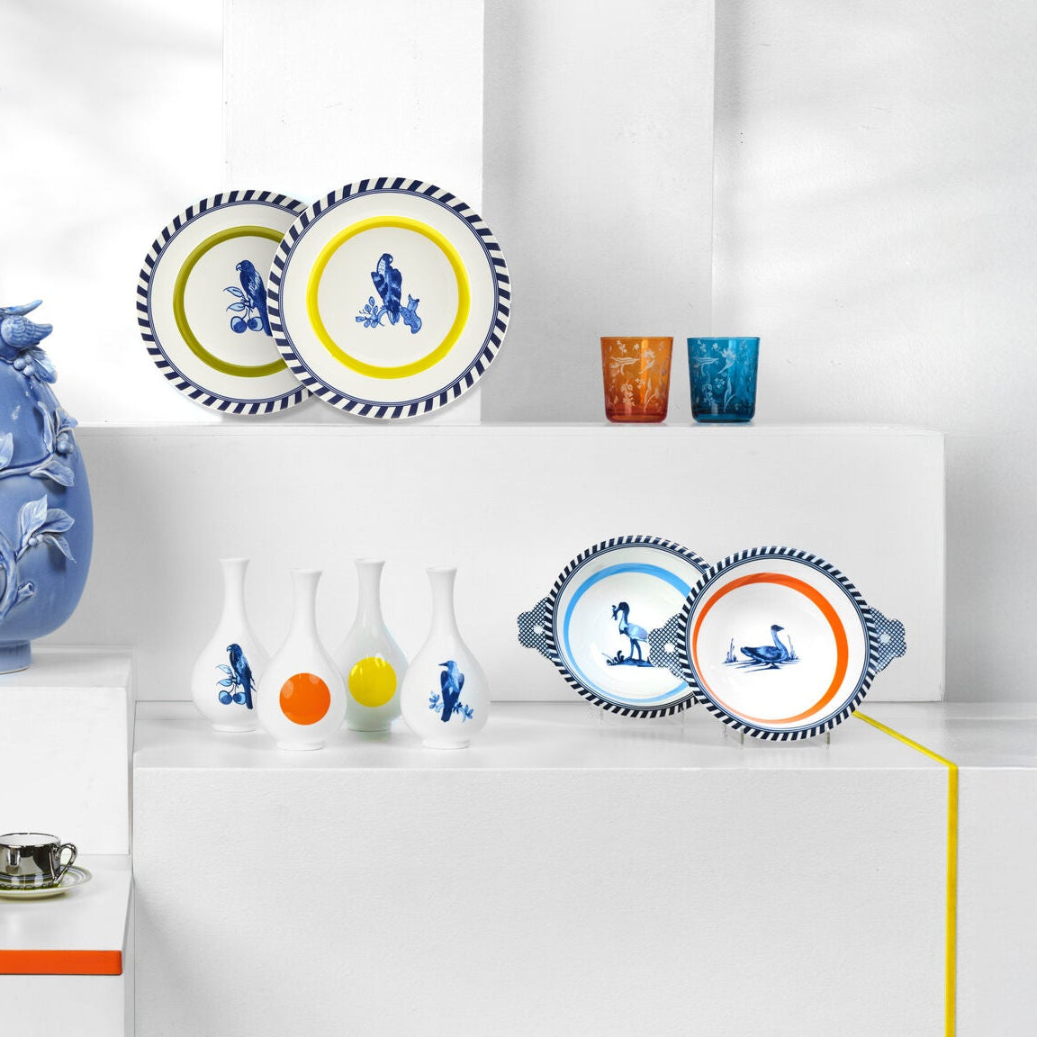 Bird Patterned Plate Set White with Orange and Blue