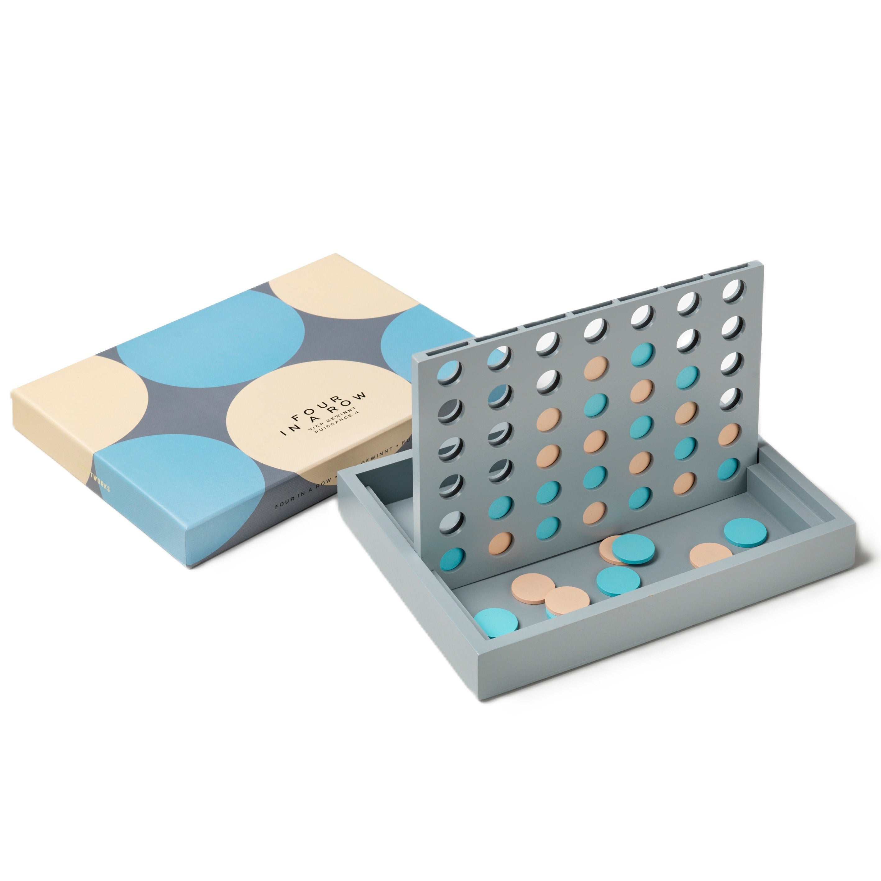 Brettspiel FOUR IN A ROW grau mit beige und blau
