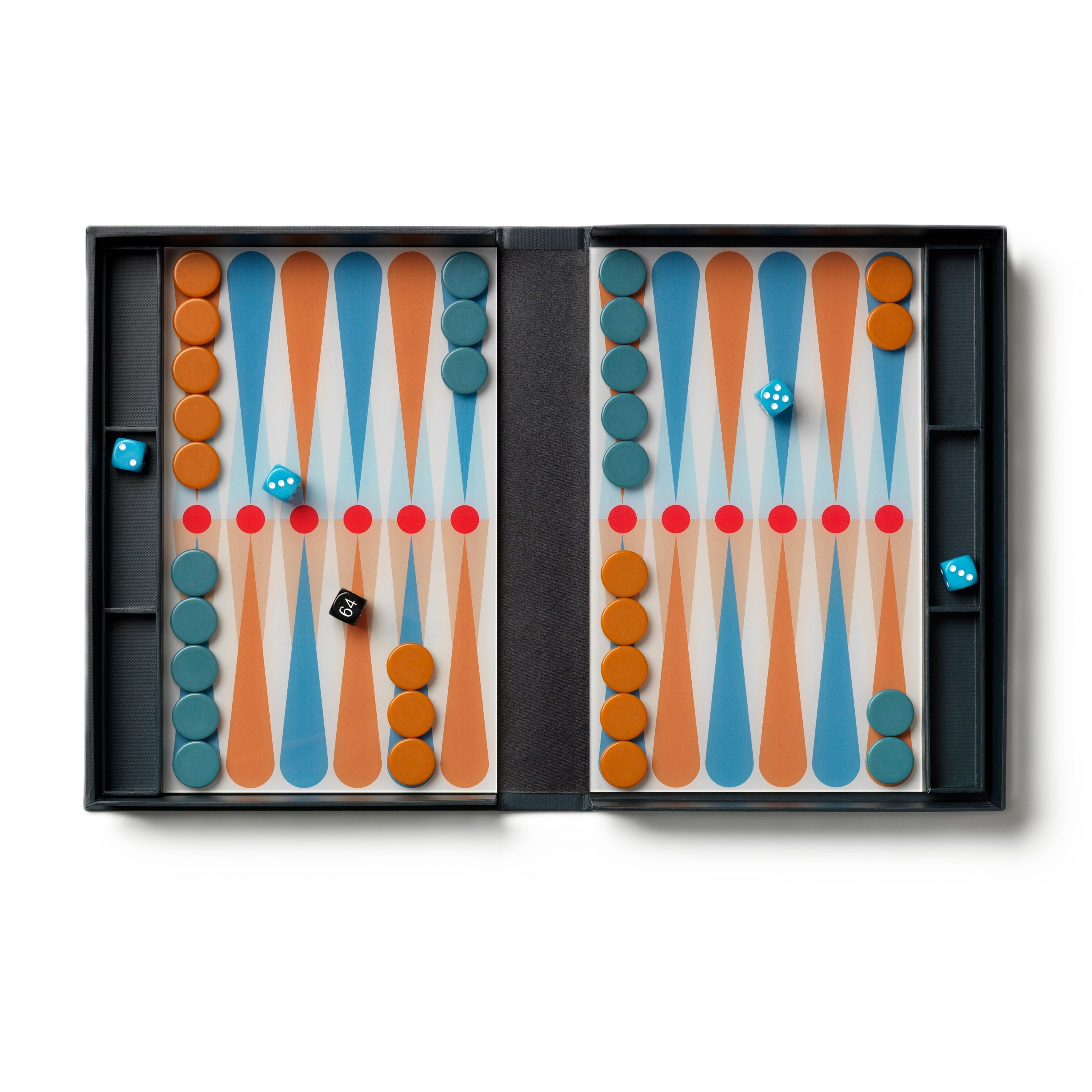 Zestaw do gry w backgammon ART OF BACKGAMMON szary z niebieskim i pomarańczowym – Printworks