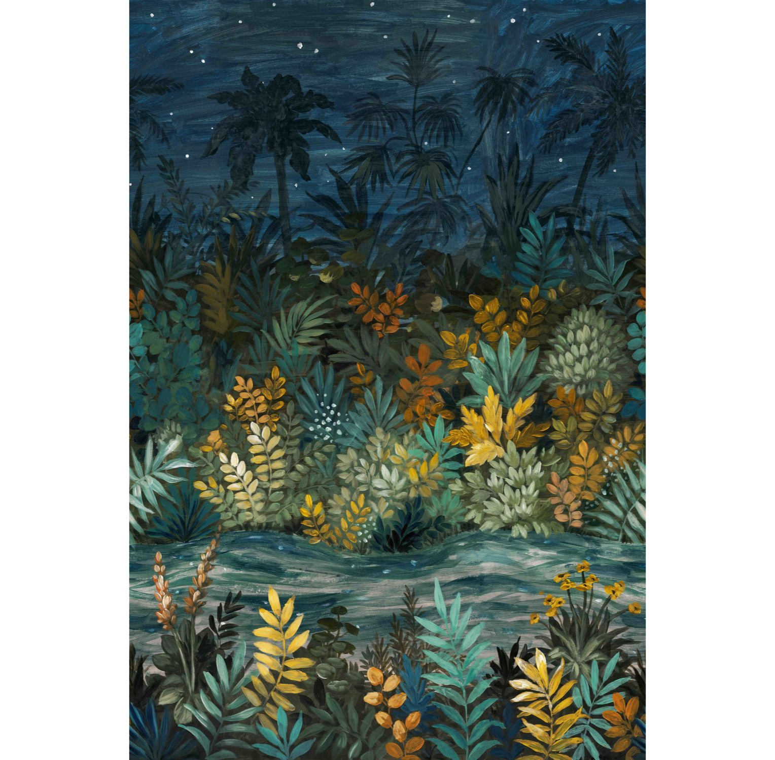 Tropical Plant-Themed Mural NUIT ÉTOILÉE Navy Blue with Green