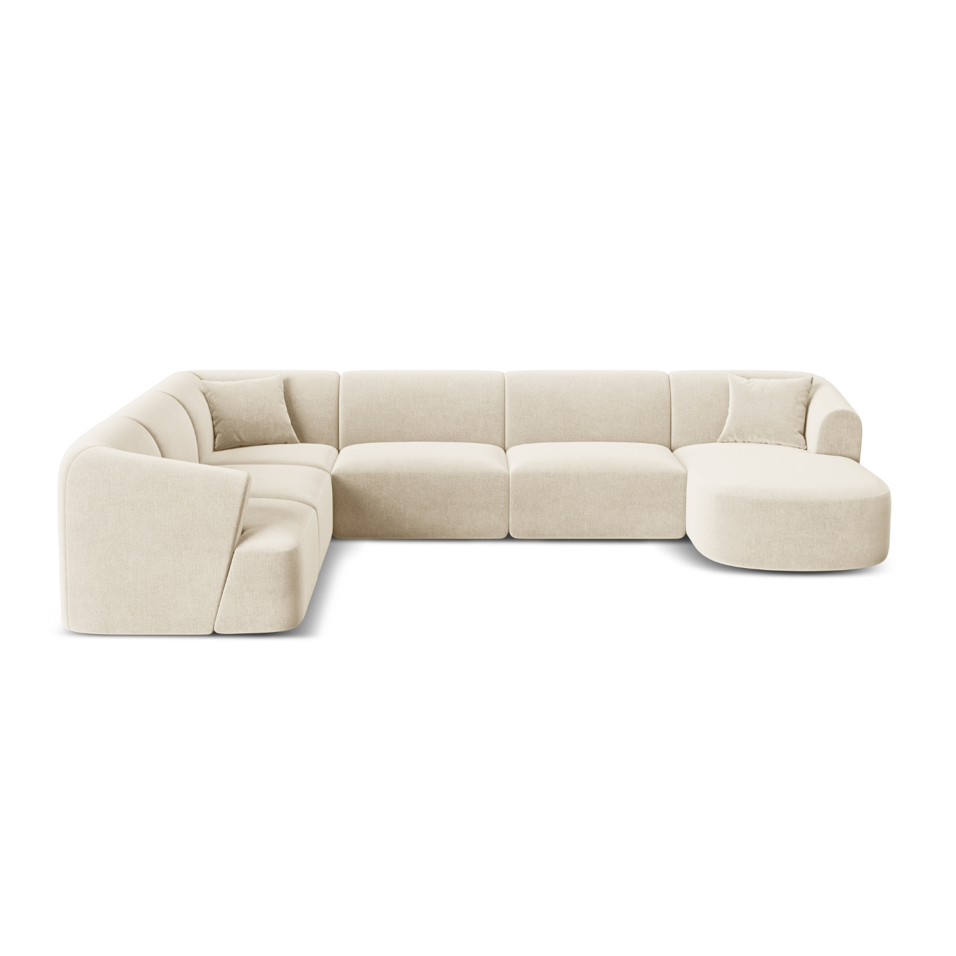 Linksseitiges, samtiges, panoramisches 7-sitziges Ecksofa CAMPI in hellbeige