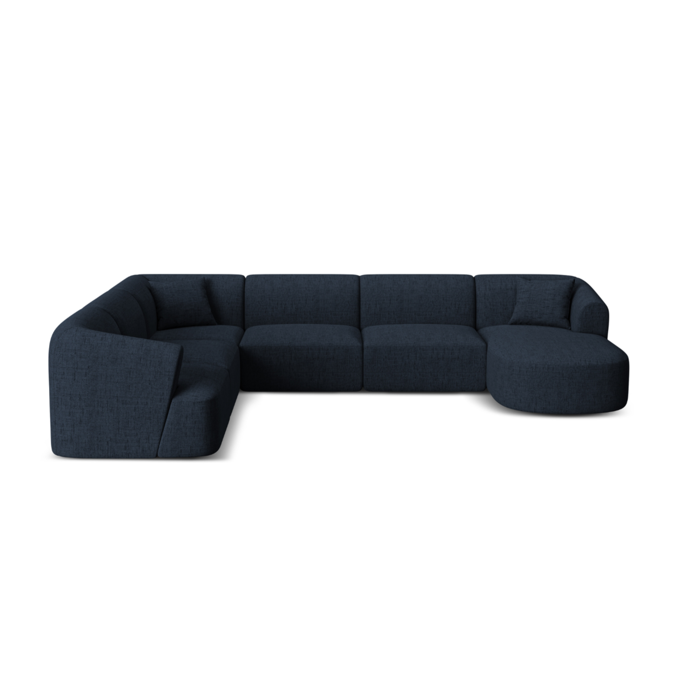 Panoramischer linksseitiger 7-sitziger Ecksofa CAMPI in blauer Chenille