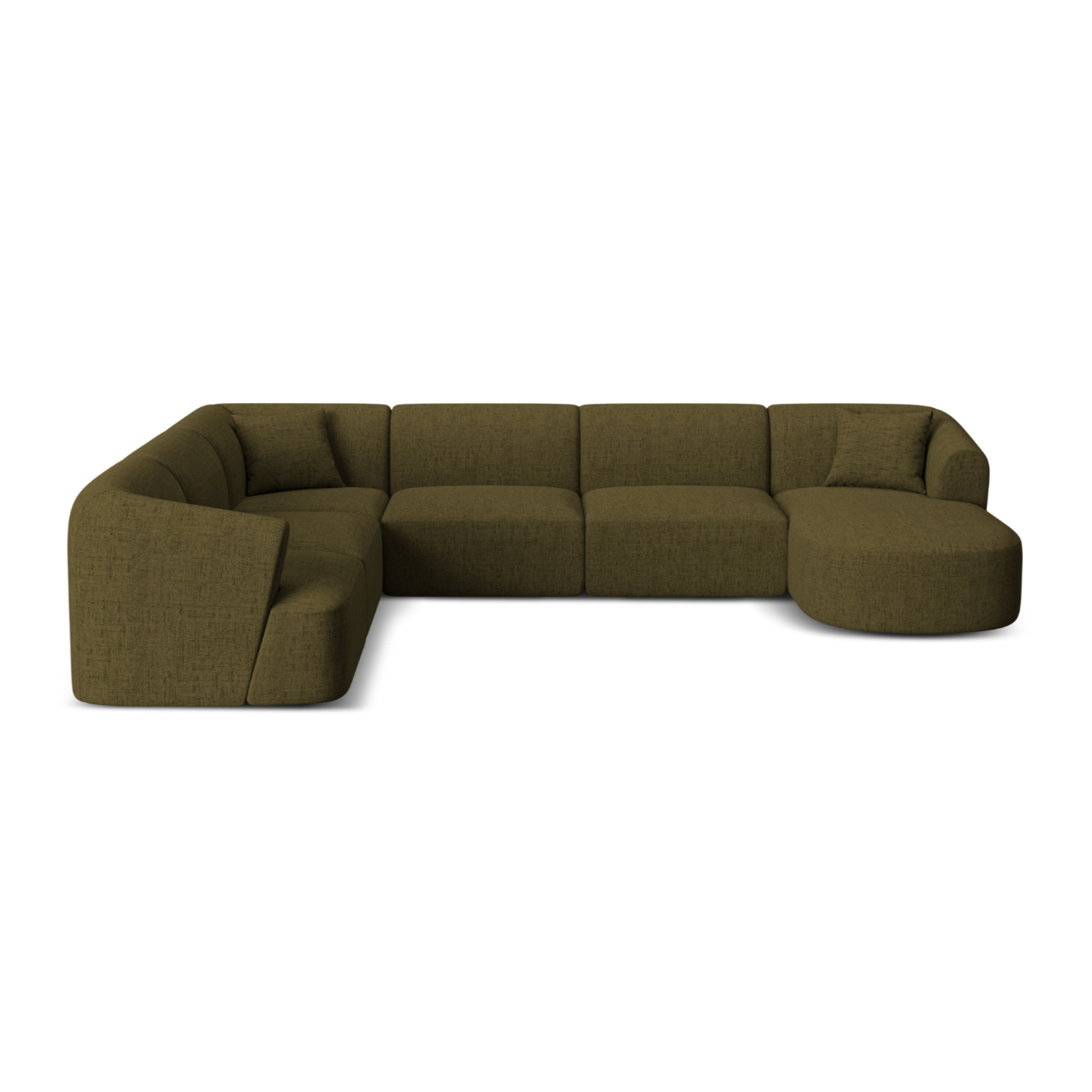 Linksseitige panoramische 7-sitzige Eckcouch CAMPI in grünem Chenille