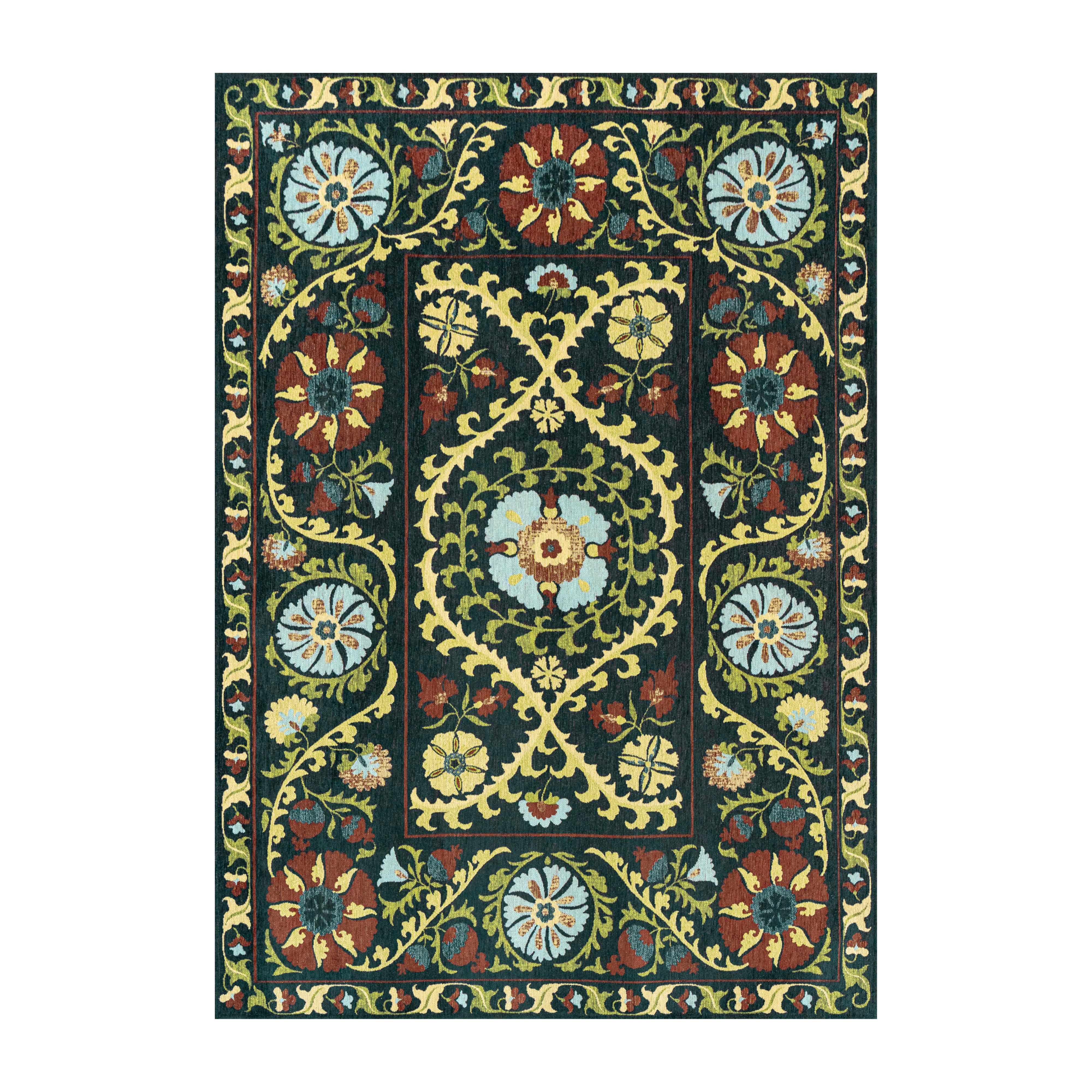 SUZANI BAVARIA rug black with yellow and green