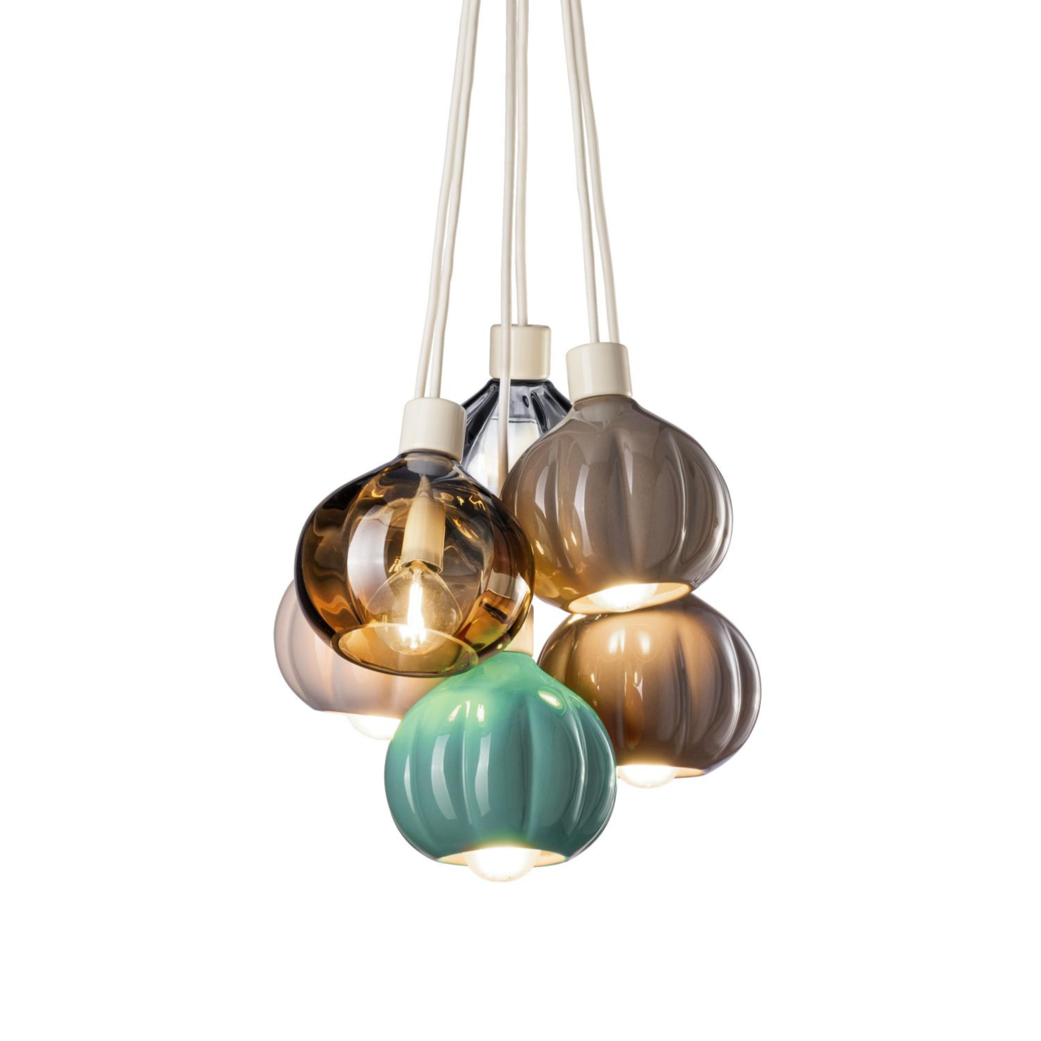 AFOXÉ turquoise ceiling lamp with mocha brown and transparent.