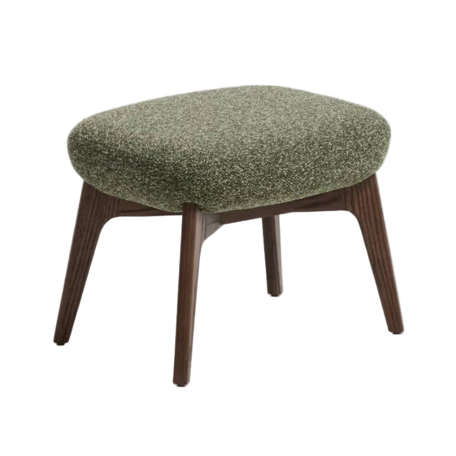 Hocker ADIRAN in grünem Chenille mit dunklem Eichenfuß.