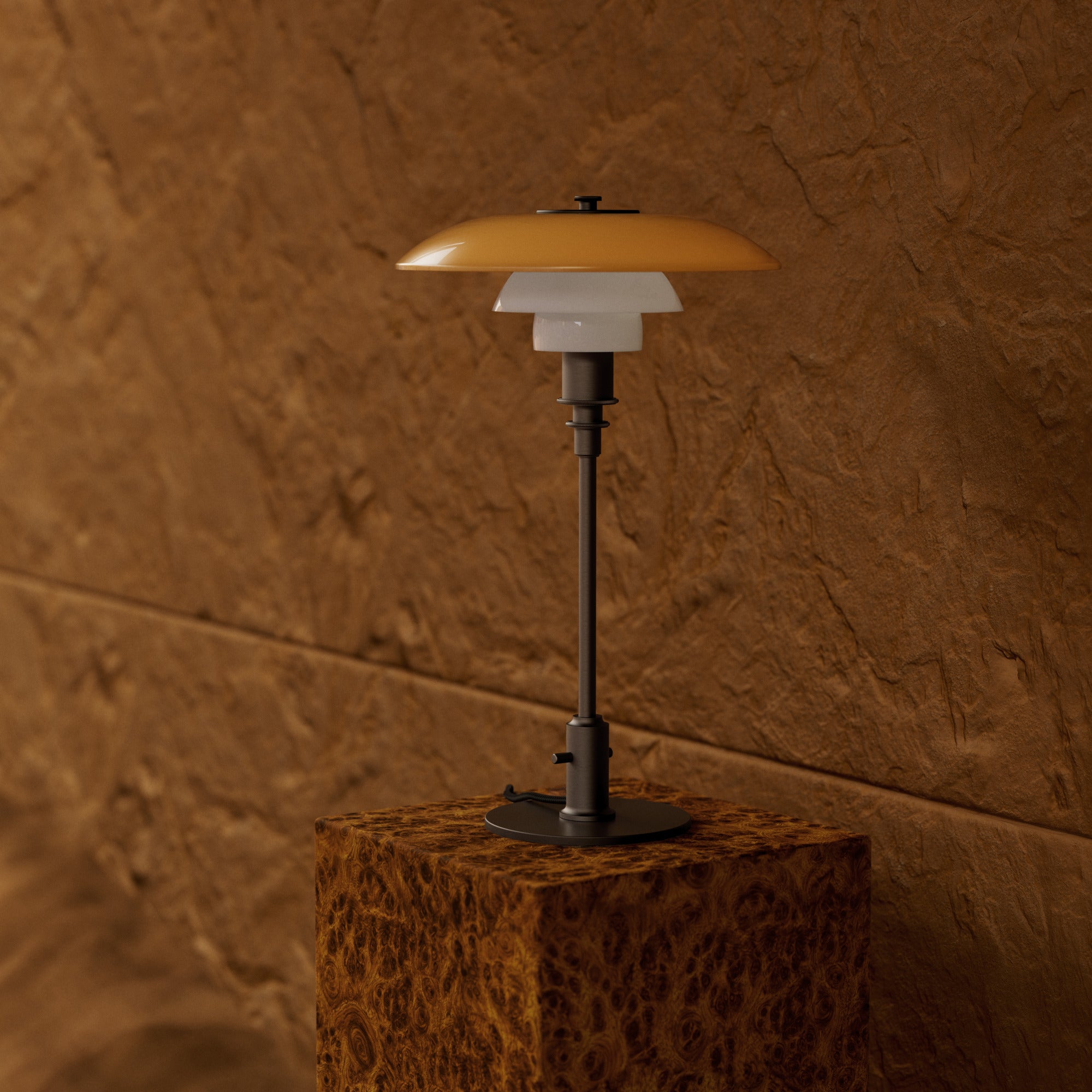 Lampa stołowa PH 3/2 - edycja stulecia biały z pomarańczowym z brązową podstawą – Louis Poulsen