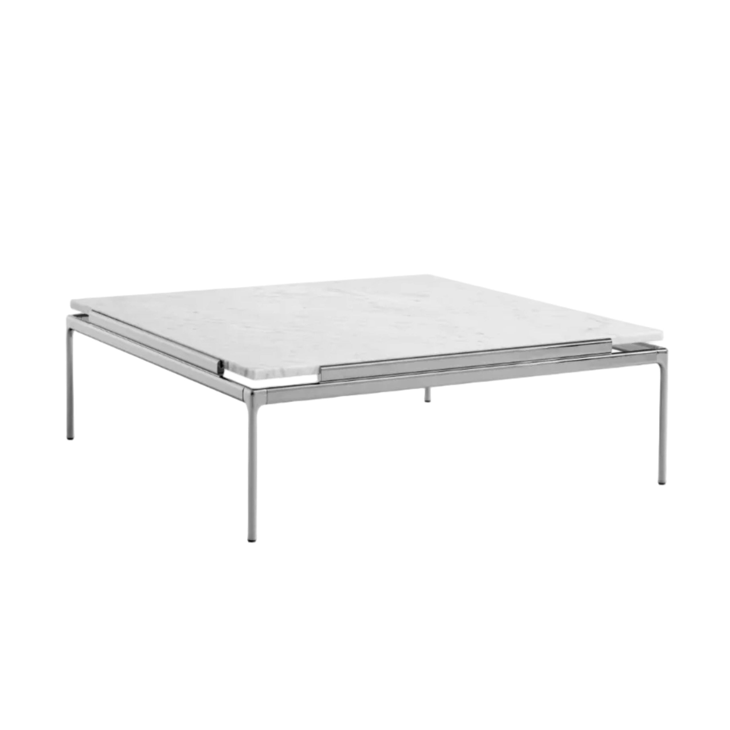 Quadratischer Couchtisch SETT LN13 mit weißer Marmorplatte und verchromtem Gestell