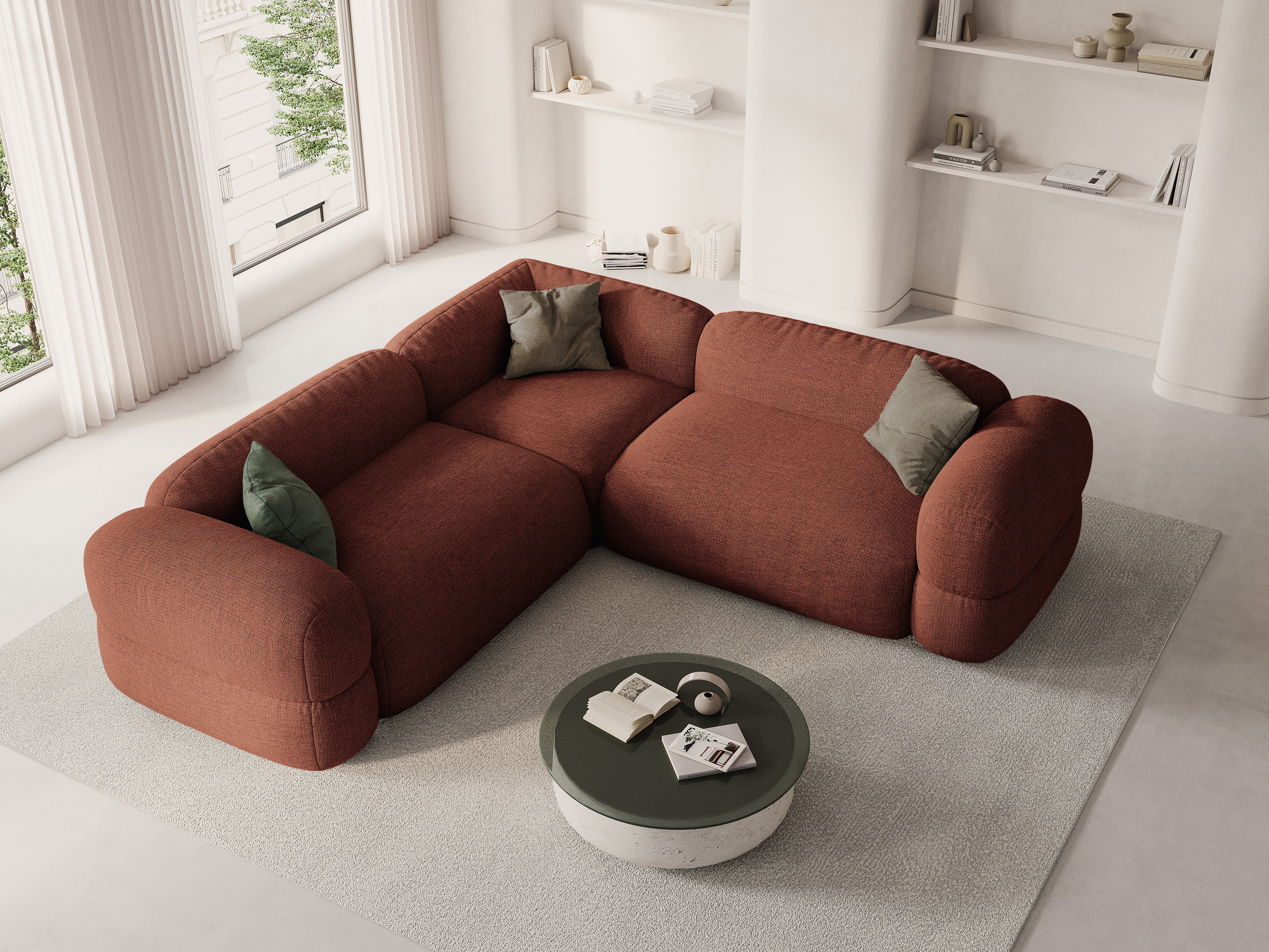 Symmetrische Eckcouch ROGER korallenfarbener Chenille