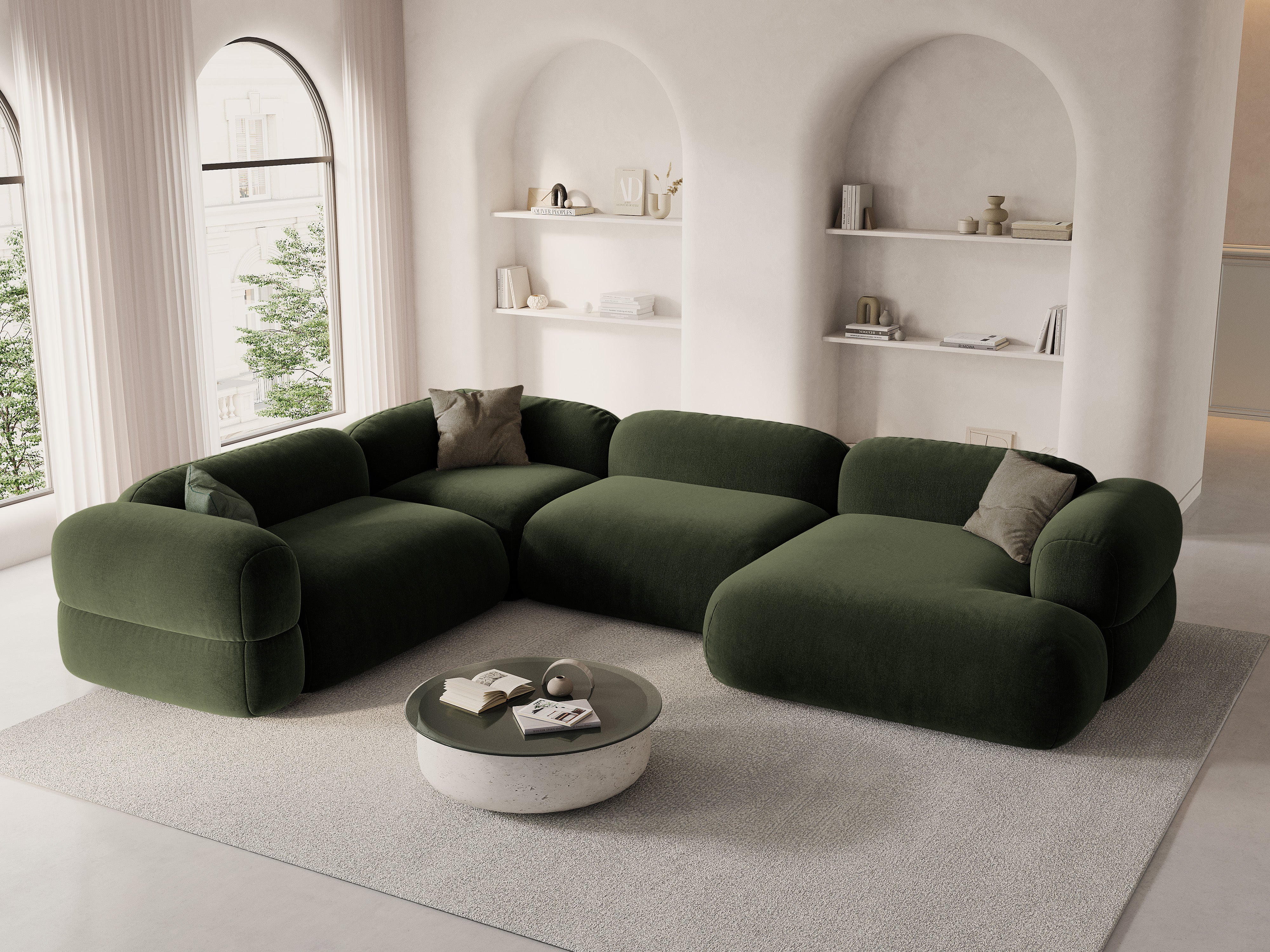 Left-facing U-shaped velvet corner sofa ROGER in olive green