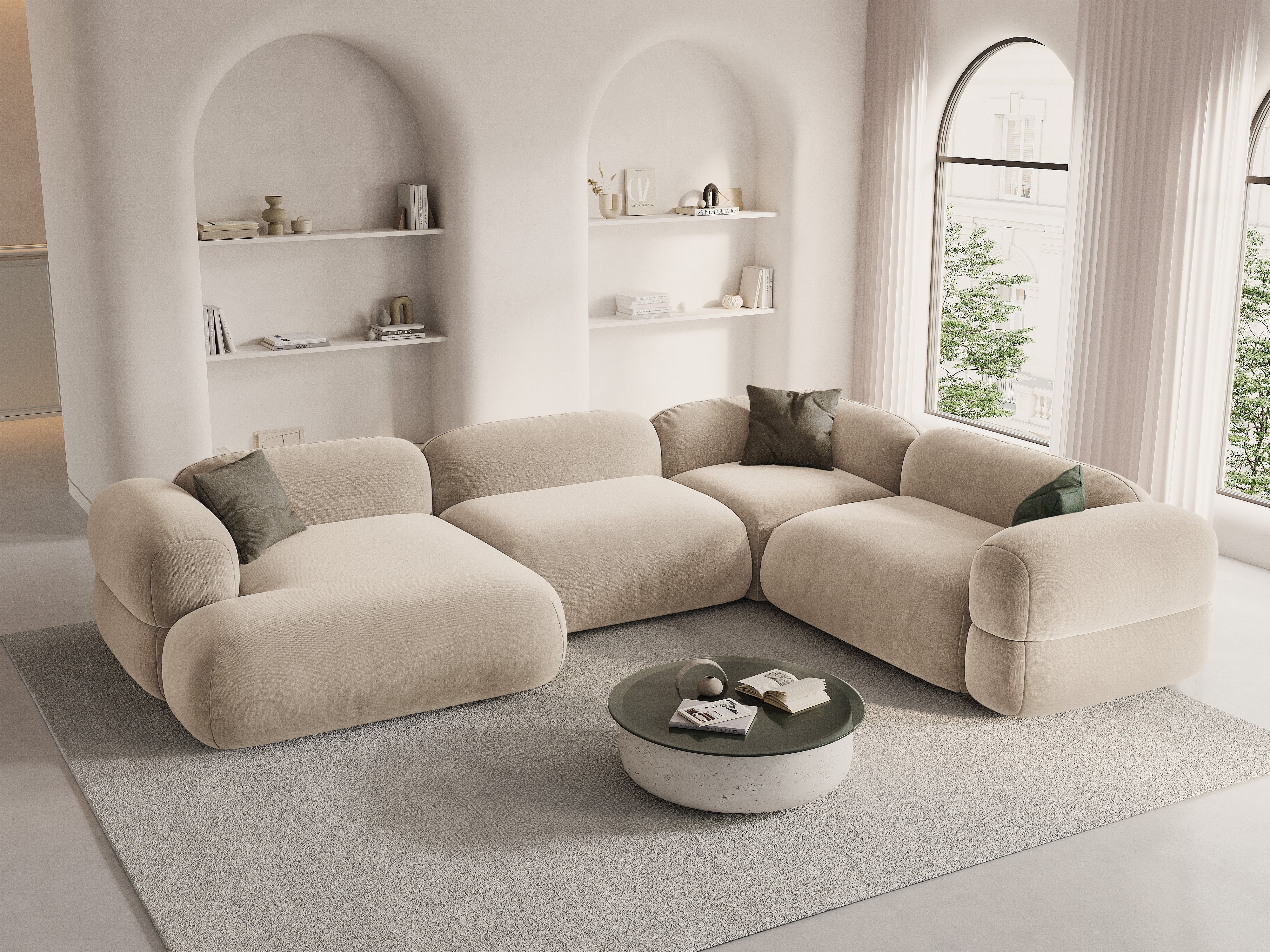 Samt-U-Form-Ecksofa rechts ROGER hellbeige