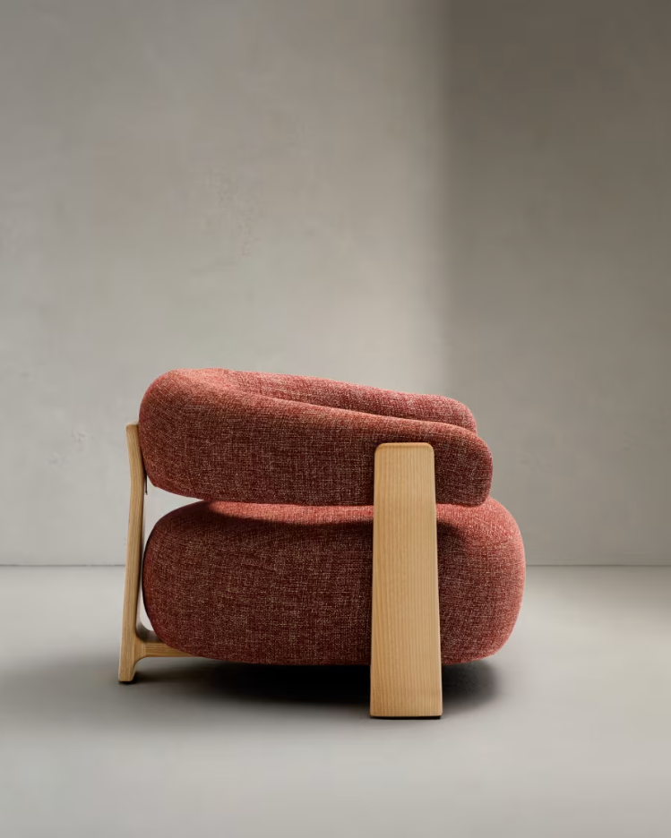 Sessel GRANITE roter Chenille mit Eschenholzgestell