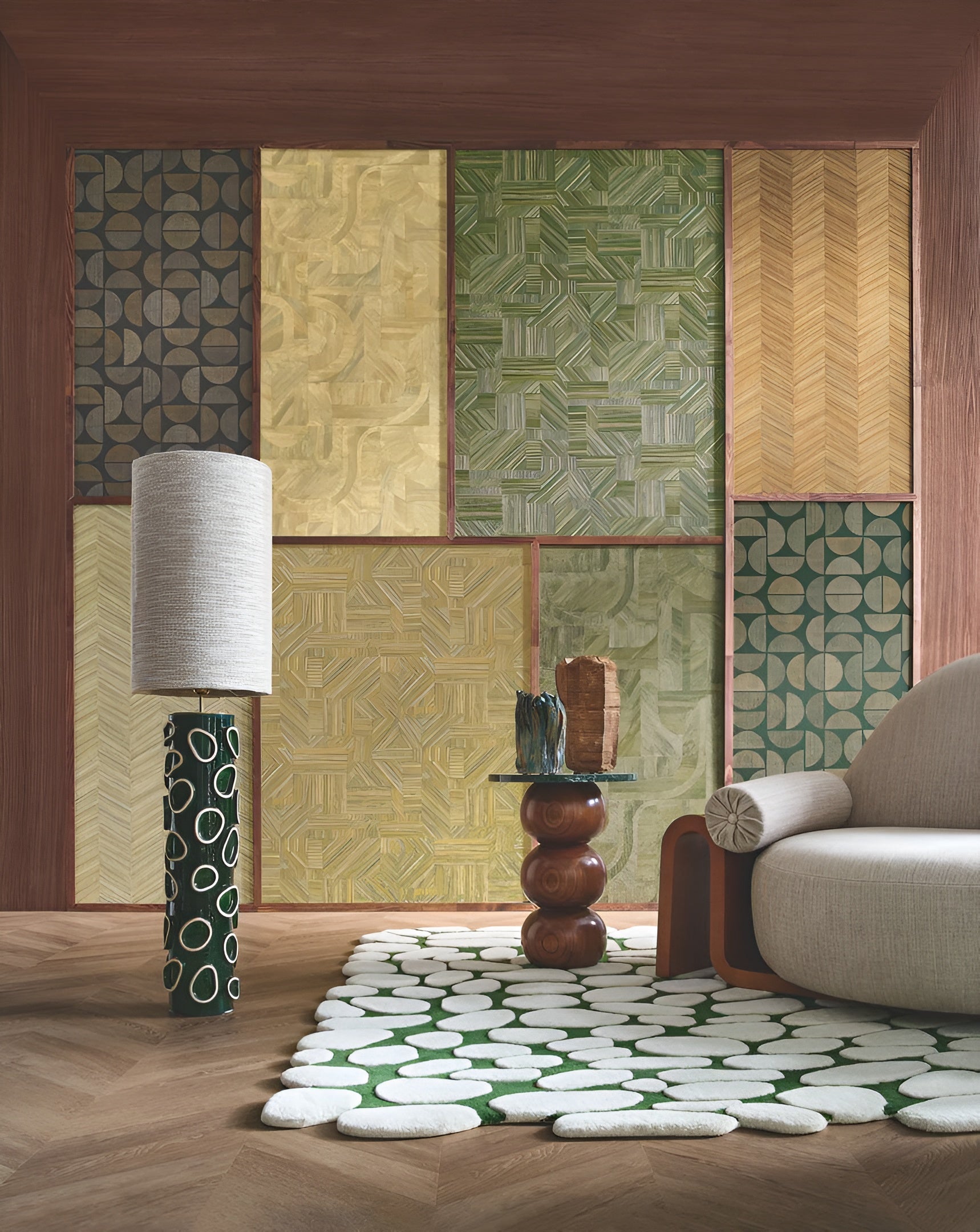 Strukturierte Tapete, die Holz imitiert, geometrisch mit Mosaikmuster INTARSIA - CACTUS olivgrün