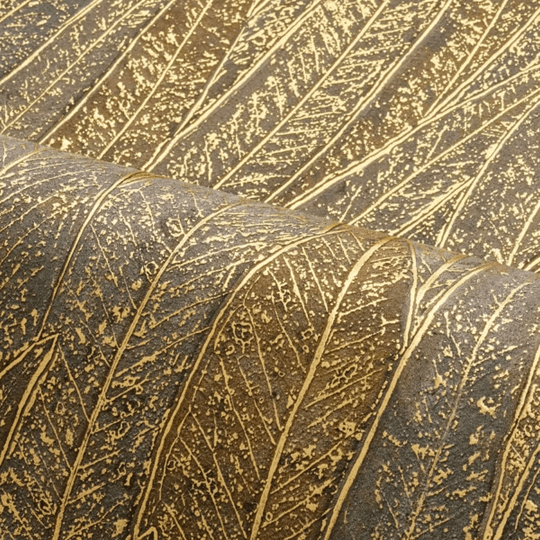 Metallic wallpaper with a eucalyptus leaf plant motif CINEREA - ANTHRACITE/DORÉ anthracite with gold