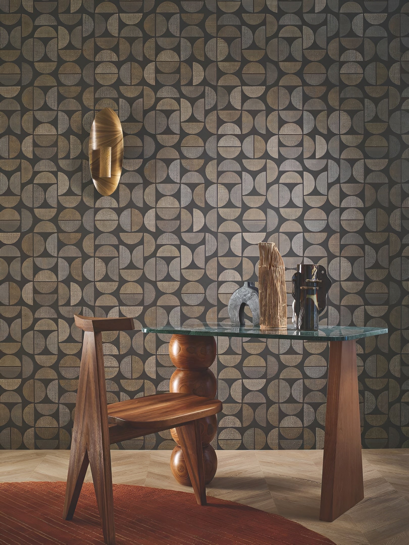 Structural wallpaper imitating raffia with a geometric pattern DUALIS - ÉBÈNE brown