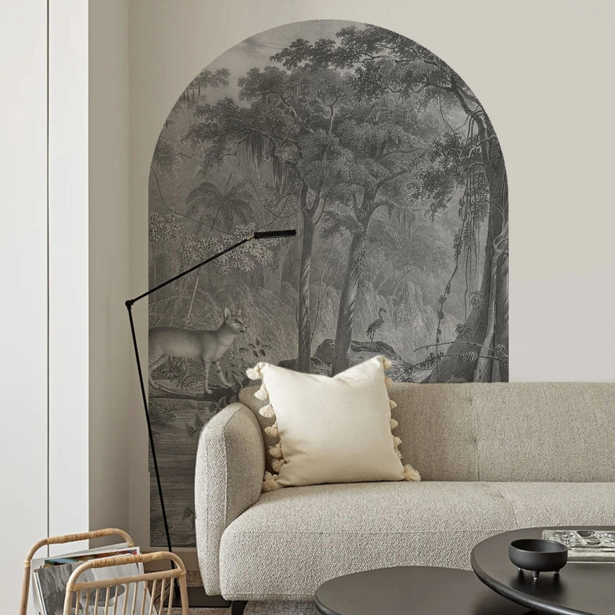 Non-woven mural in the shape of an arch JUNGLE CAT gray