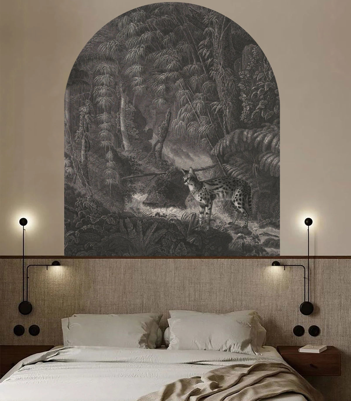 Non-woven mural in the shape of an arch PALMS AND CATS gray