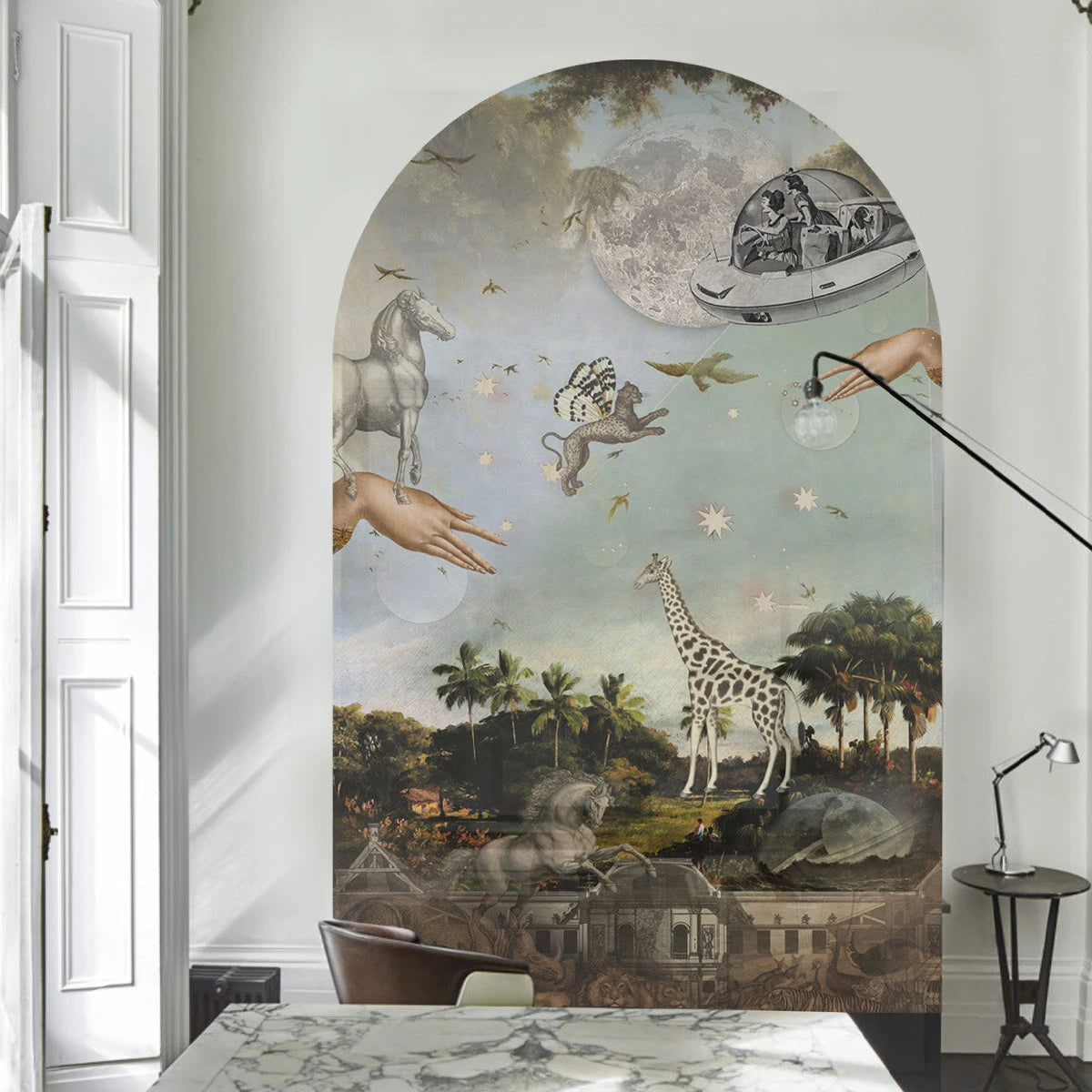 Mural flizelinowy w kształcie łuku STARDUST SAFARI ciemnozielony z niebieskim – Wallcolors