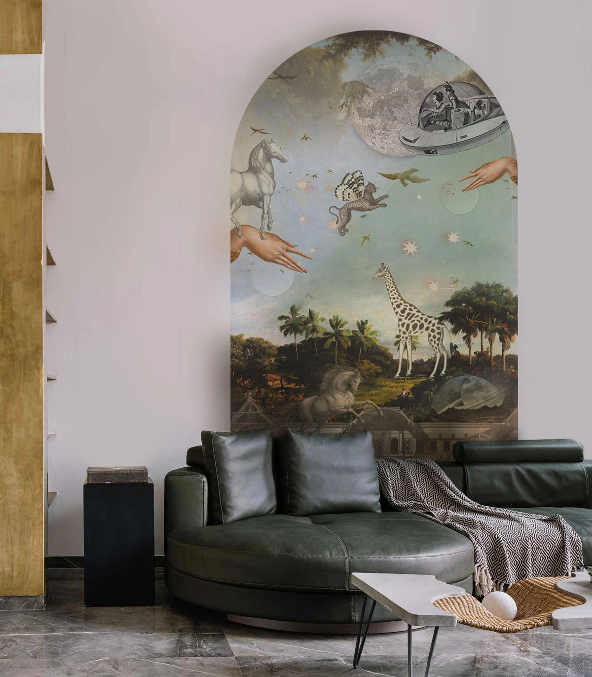 Mural flizelinowy w kształcie łuku STARDUST SAFARI ciemnozielony z niebieskim na ścianę
