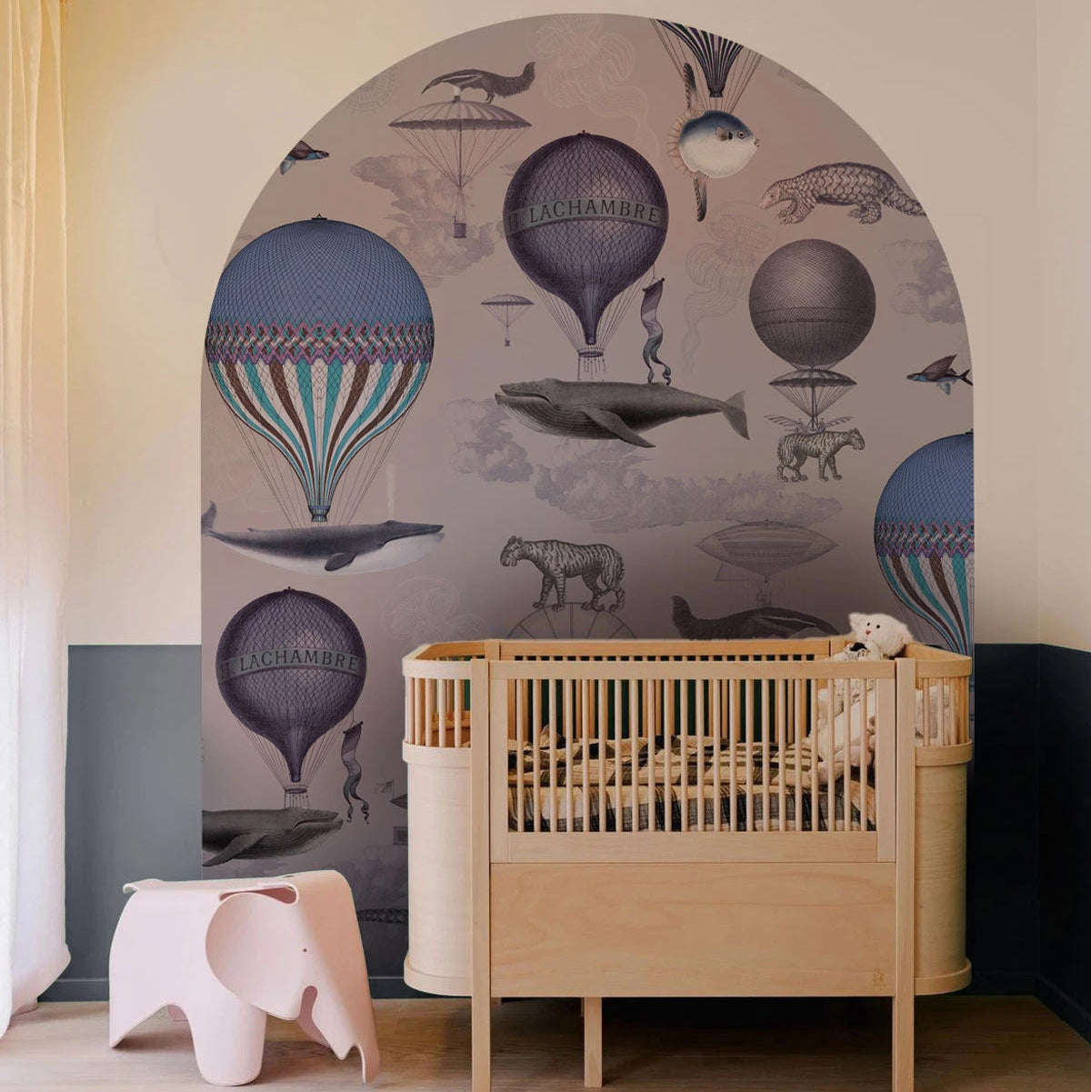 Wandbild für Kinder in Bogenform VINTAGE BALLOONS lila mit Blau