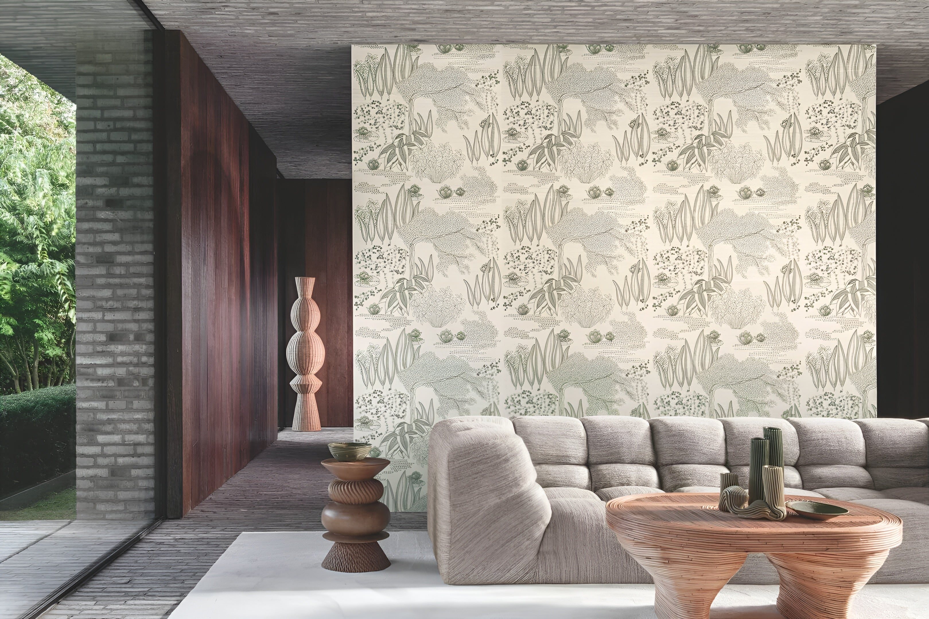 Tapete aus Pflanzenfaser mit Pflanzenmotiv HASU - IVORY VERT DE GRIS Elfenbein mit Grün