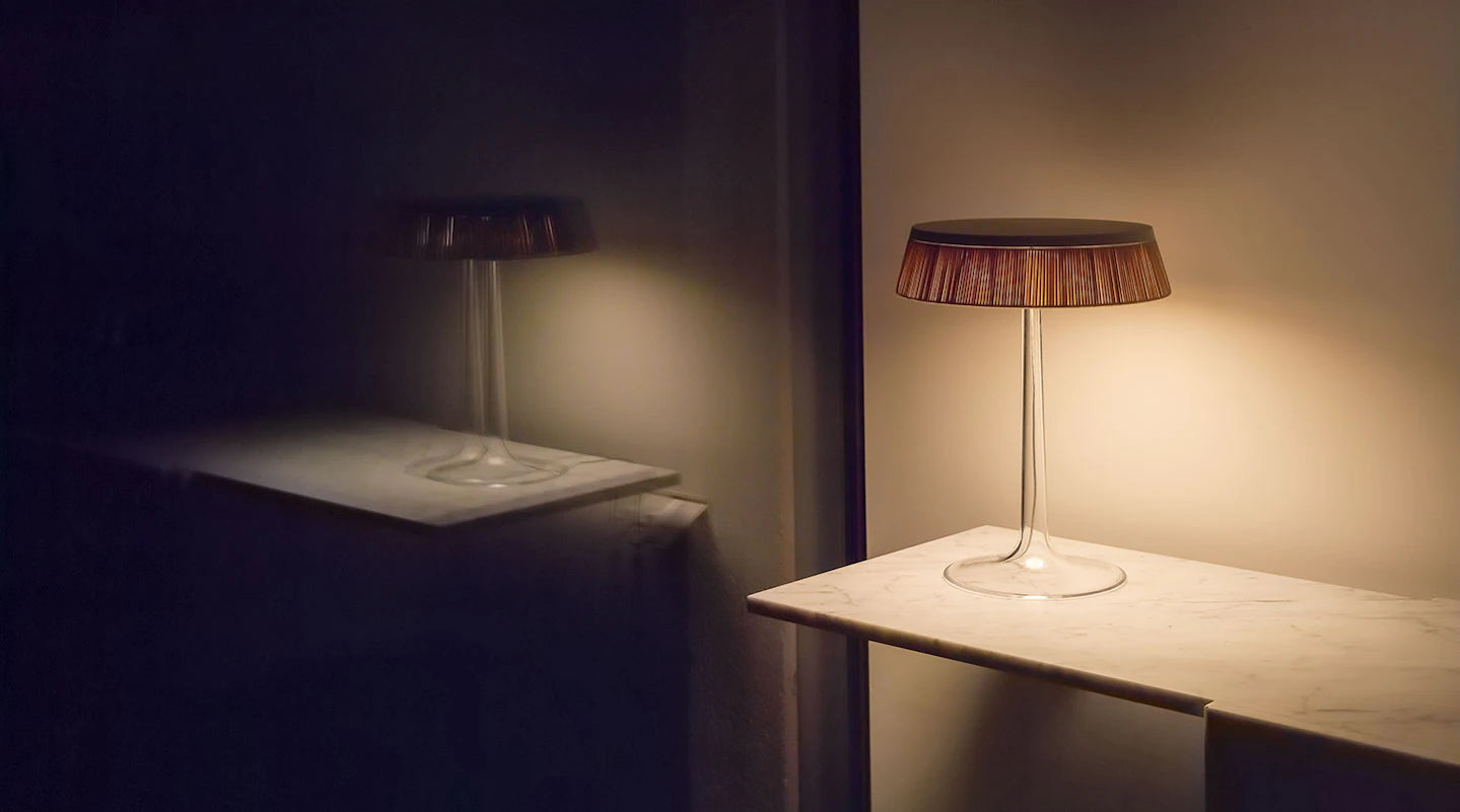 Tischlampe BON JOUR kupfer mit Rattan-Schirm