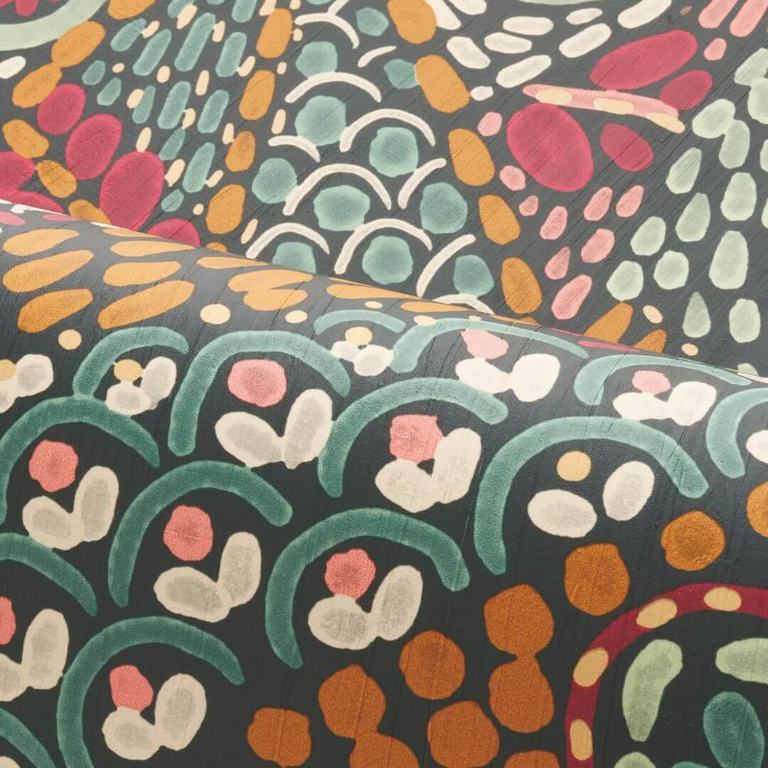 Talavera Leaf Pattern Wallpaper - Multicolor Green with Burgundy and Orange