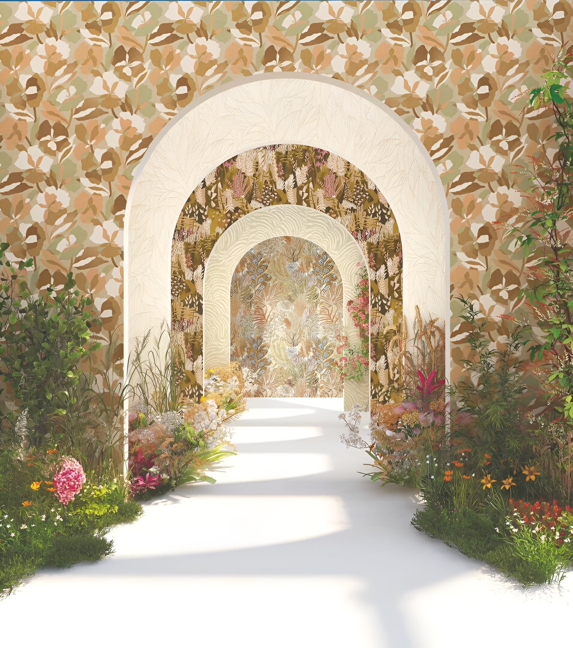 Tapete mit pflanzlichem Motiv aus Blättern und Blumen ERICA - VERT MOUSSE/BLUSH Pfirsich