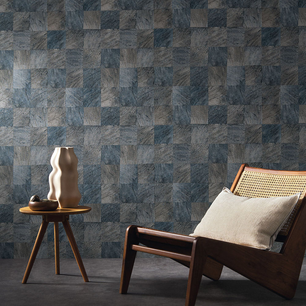 Structural wallpaper with a geometric wood-like pattern ABALE - MARINE dark blue