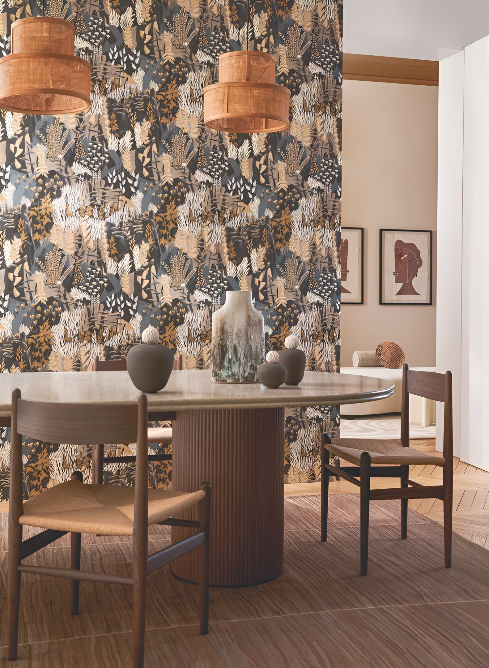 Wallpaper with a plant motif of leaves and flowers ERICA - MARINE/DARK GREEN