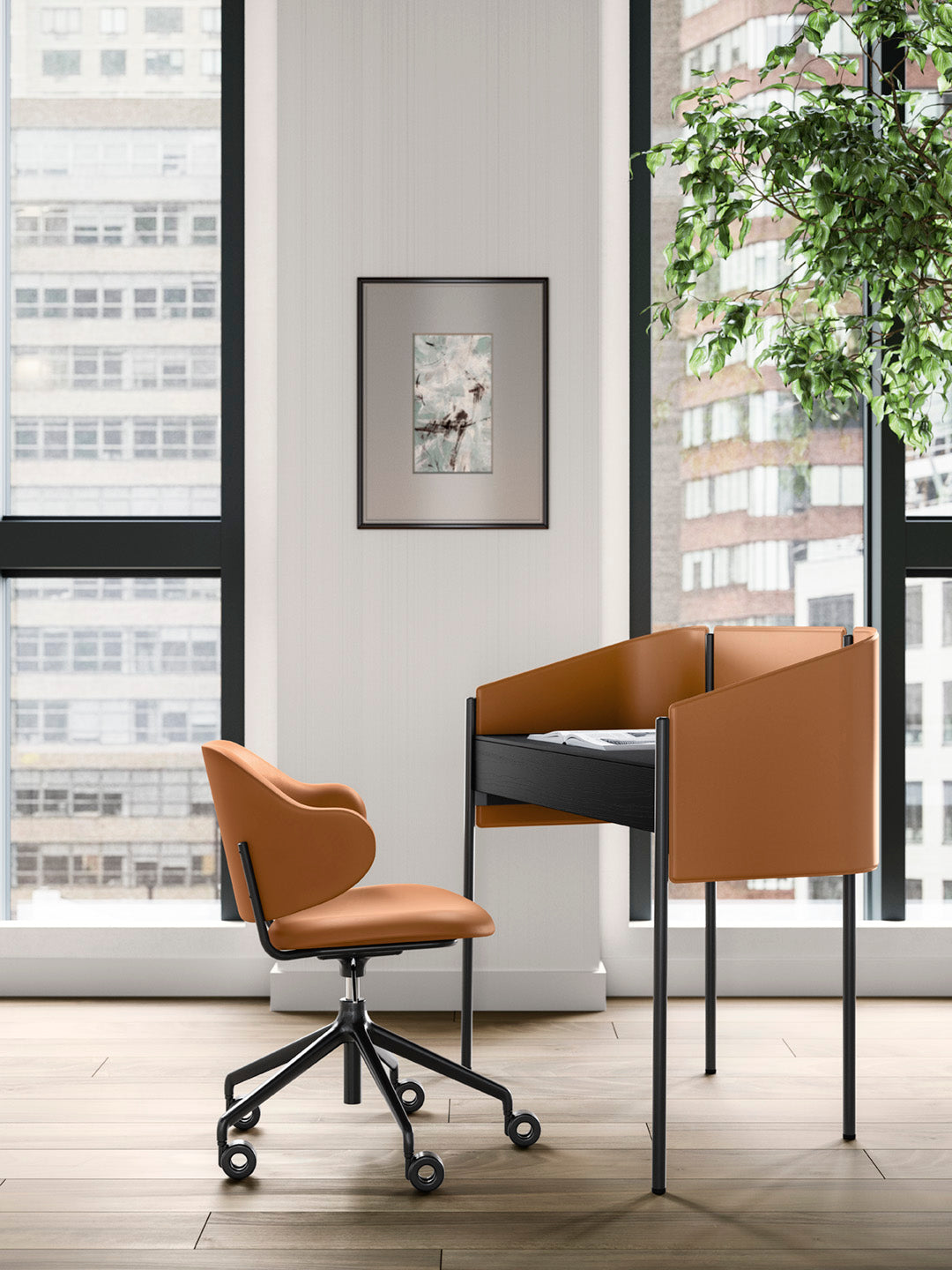 Schreibtisch BIBLIO schwarz mit cognacfarbenem Finish