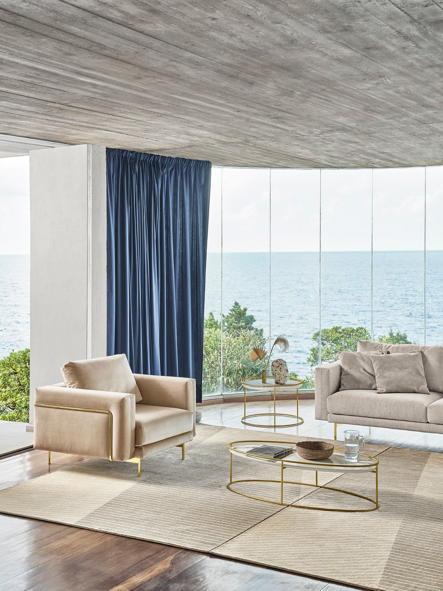 Upholstered ROD Armchair with Gold Base