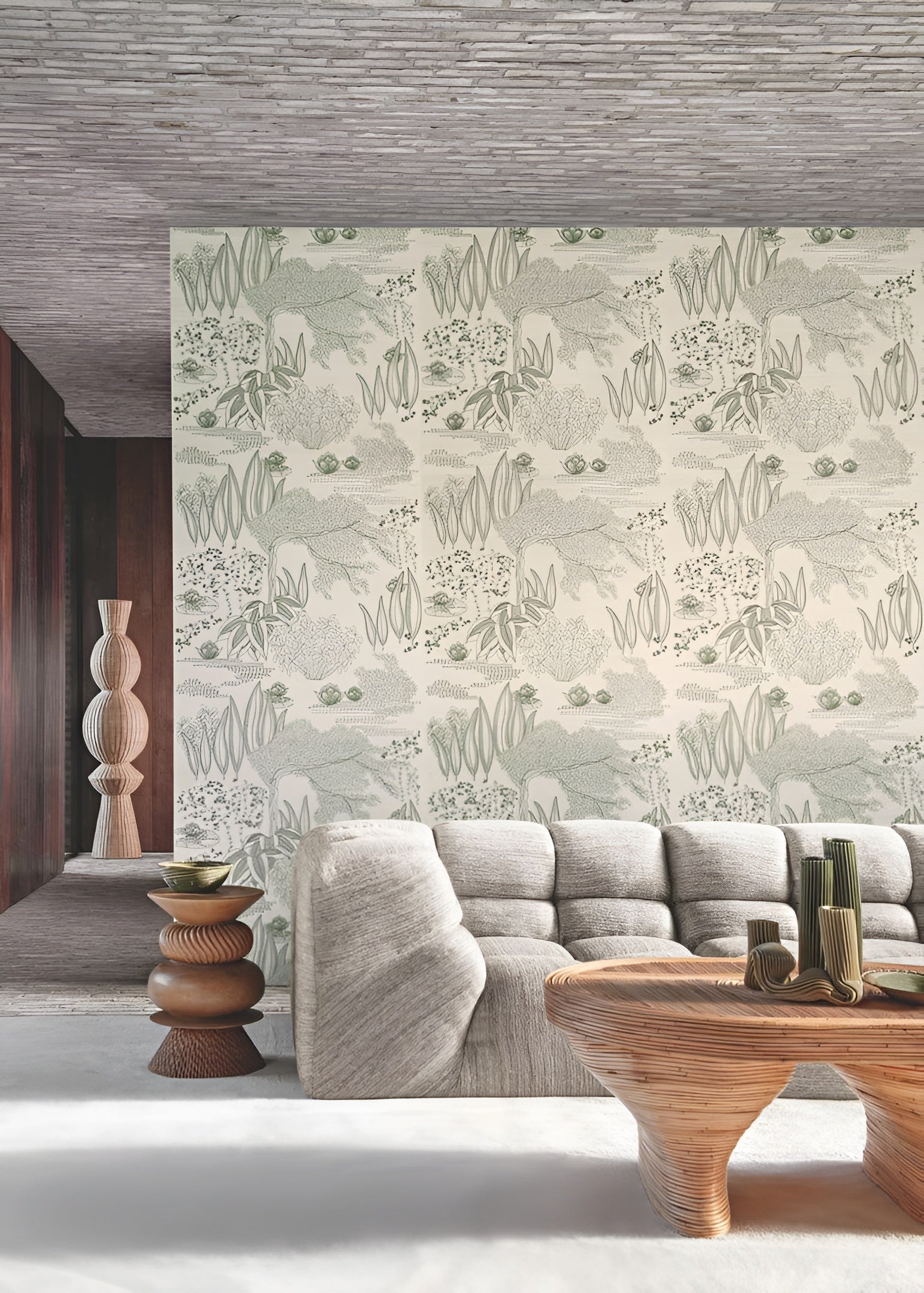 Tapete aus Pflanzenfaser mit Pflanzenmotiv HASU - IVORY VERT DE GRIS Elfenbein mit Grün