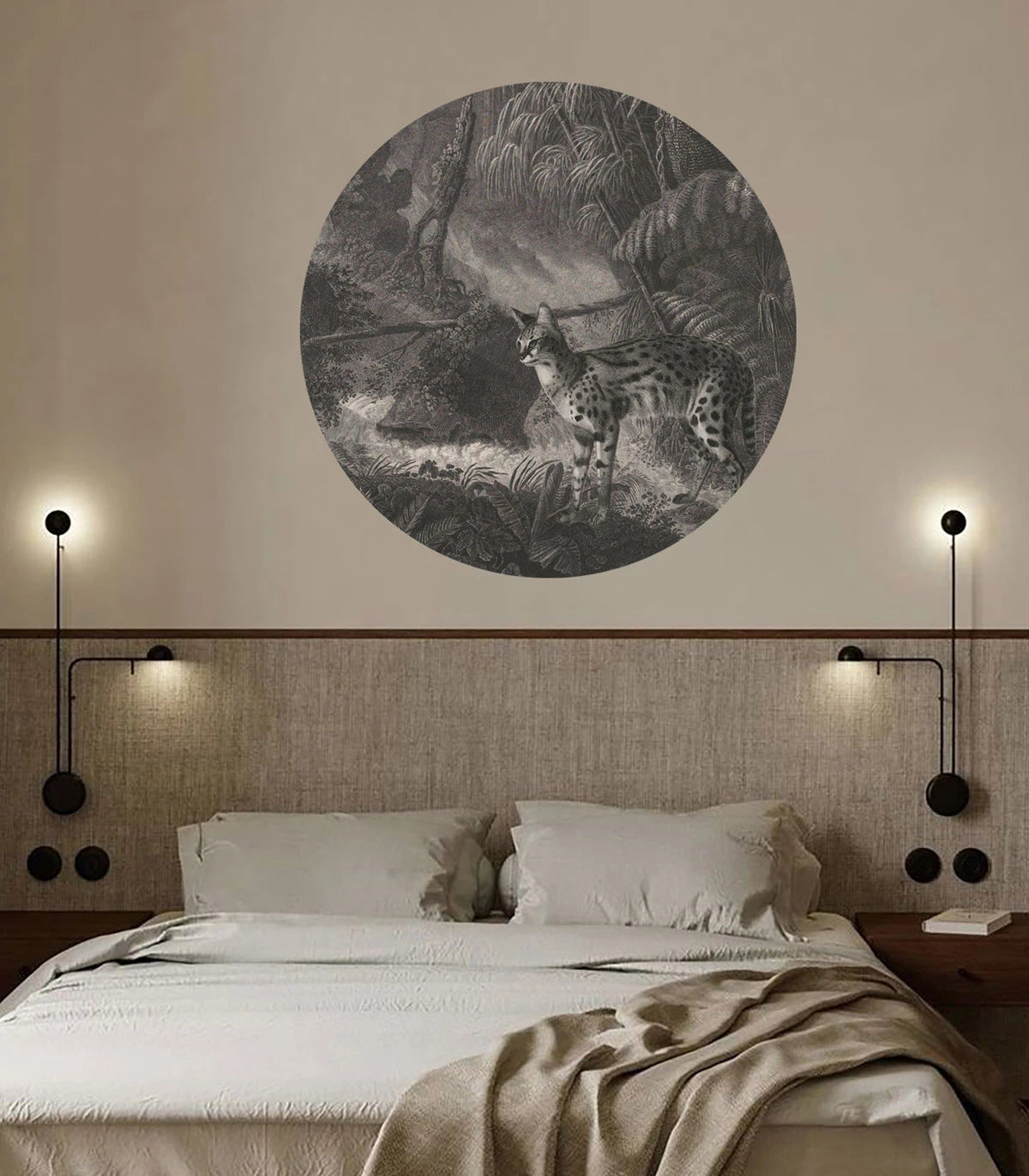 Wandbild in Kreisform DOTS - PALMS AND CATS ciemnoszary