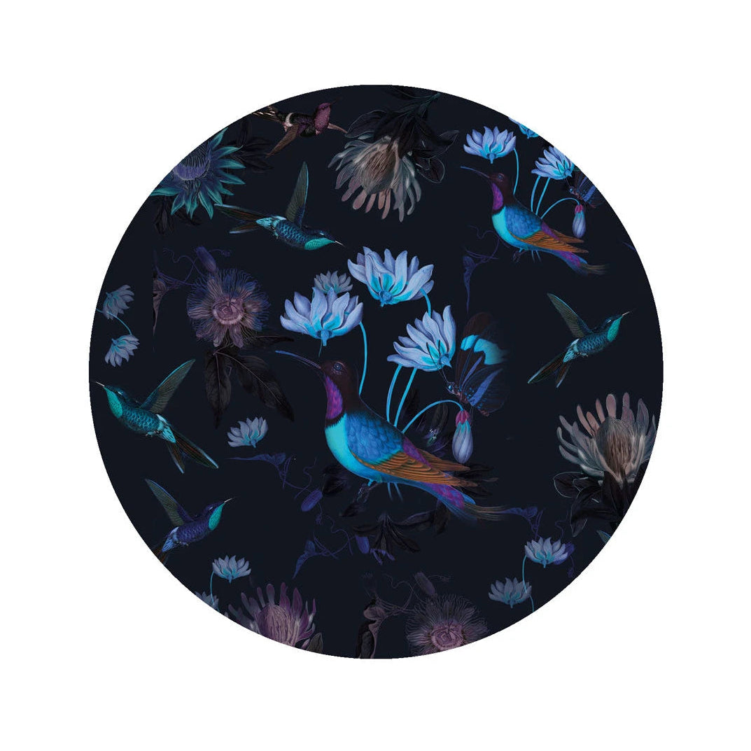 Wandbild in Kreisform DOTS - TOXIC HUMMINGBIRDS schwarz mit Blau