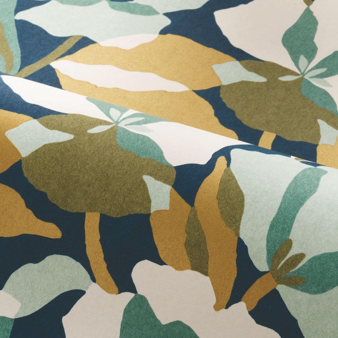 Amaryllis Floral Pattern Wallpaper - Marine/Gold Green with Beige