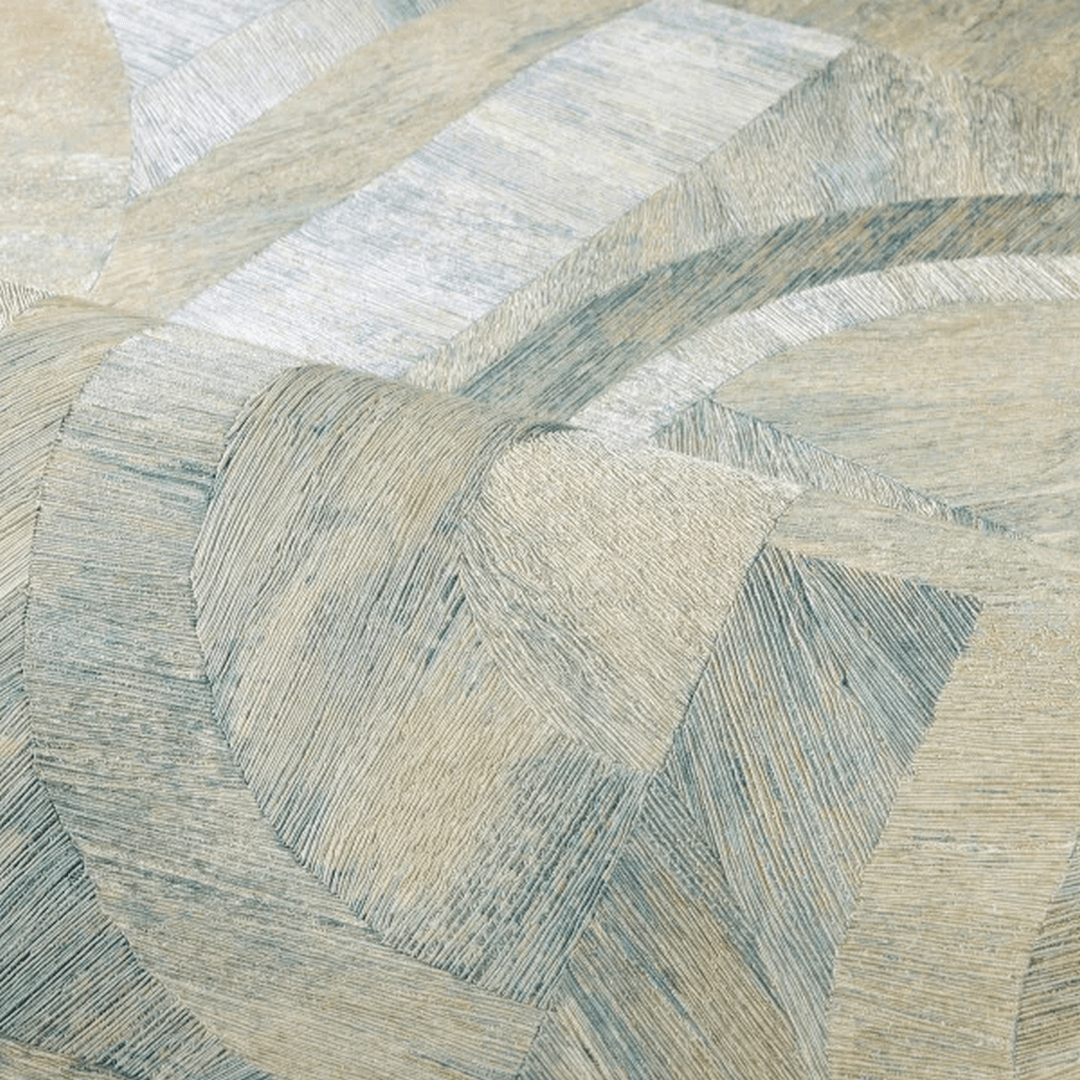 Geometric wood-like structural wallpaper with mosaic pattern INTARSIA - OPALINE icy blue