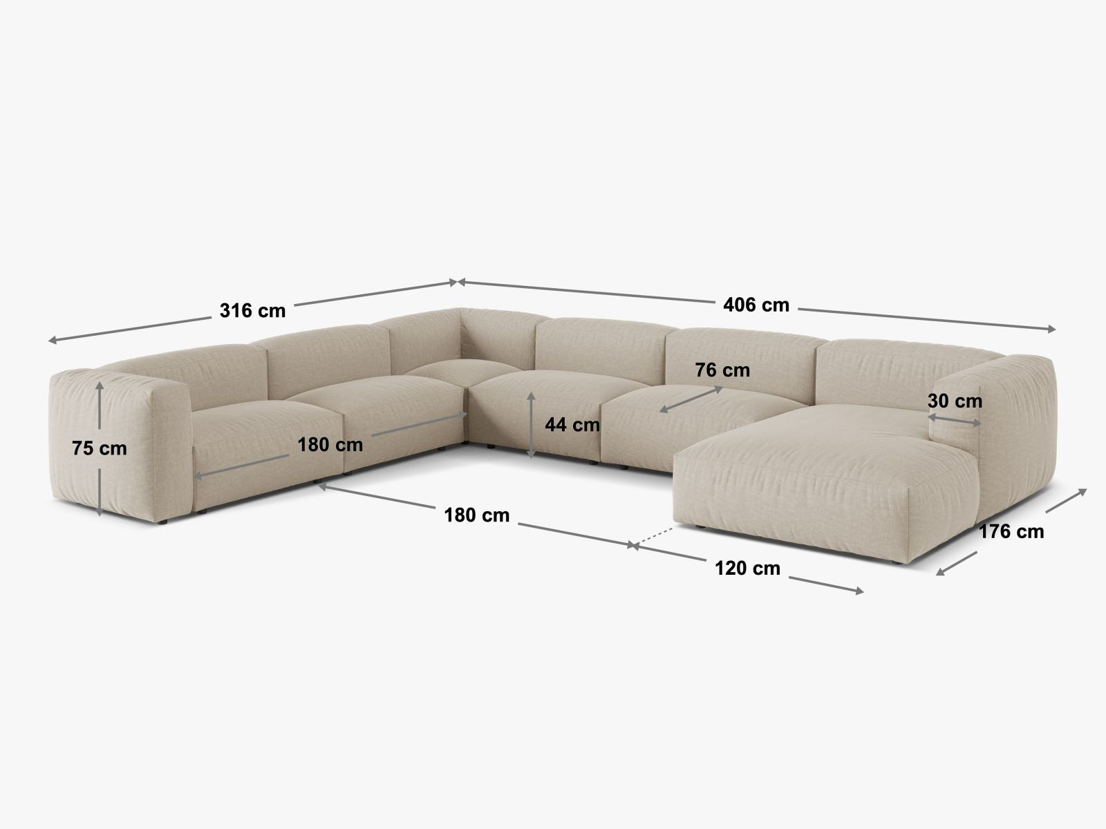 MARTINA Narożnik modułowy prawostronny duży – rysunek techniczny