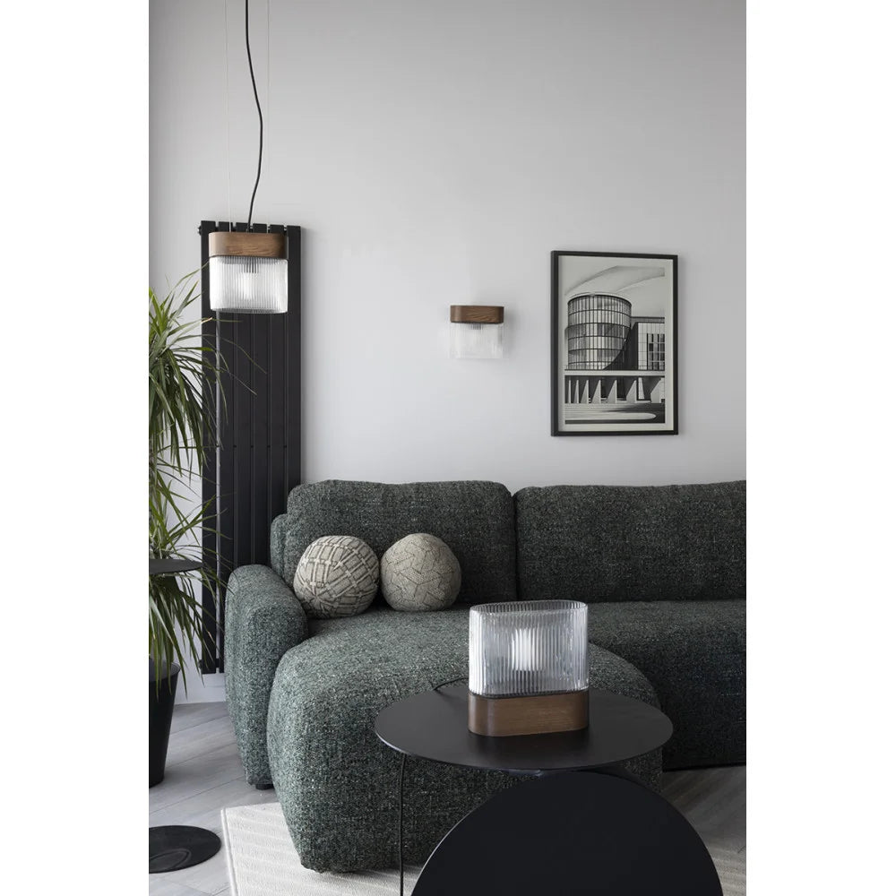 FLUMINA pendant lamp with ribbed glass and ash wood