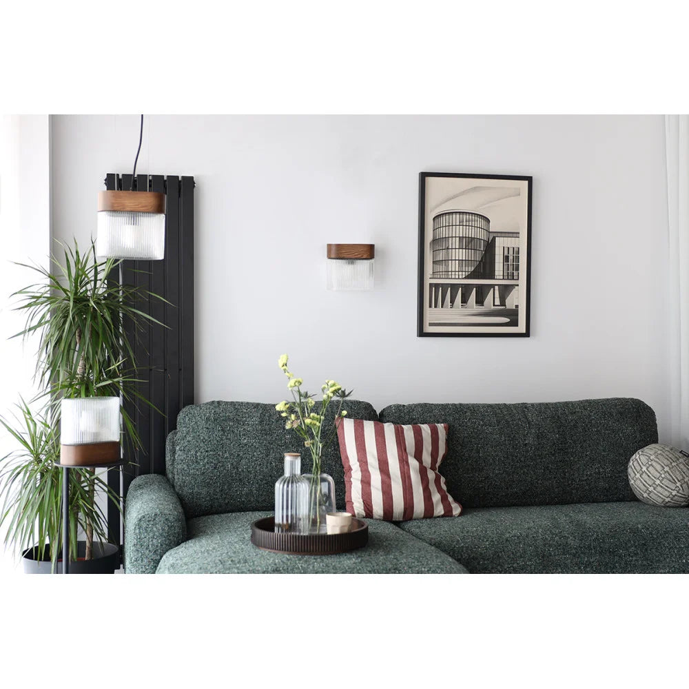 FLUMINA pendant lamp with ribbed glass and ash wood