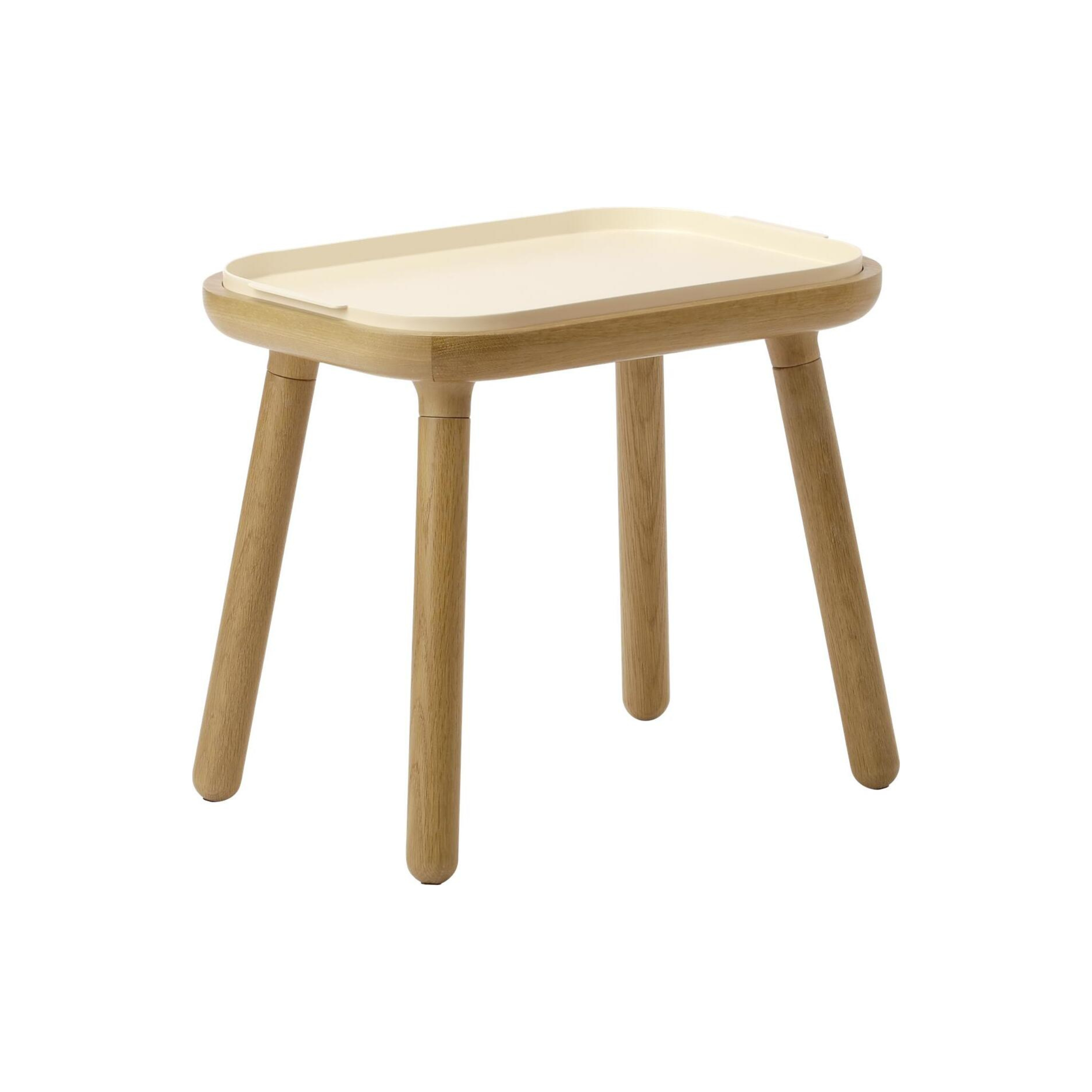 Tisch PAFF perlmuttweiß mit Eichenbasis