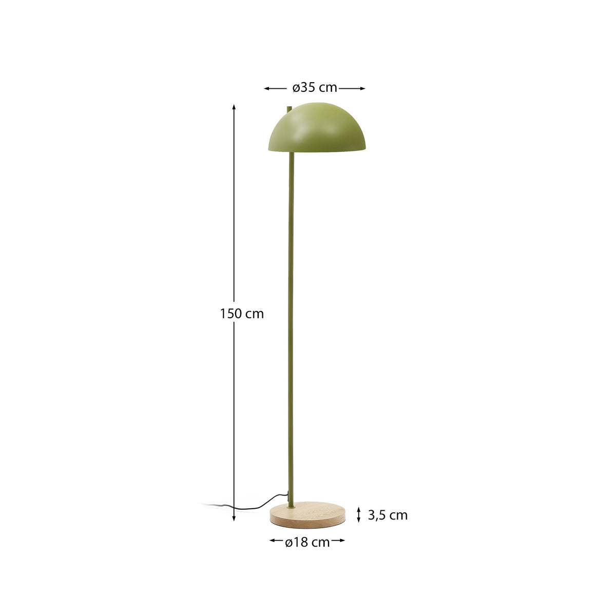Lampa podłogowa CATLAR zielony metal z drewnem jesionowym – wymiary