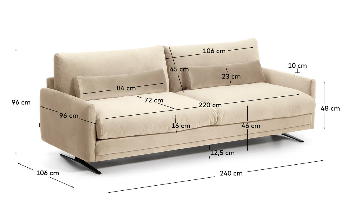 Sofa 4-osobowa VELIRO perłowy aksamit – wymiary