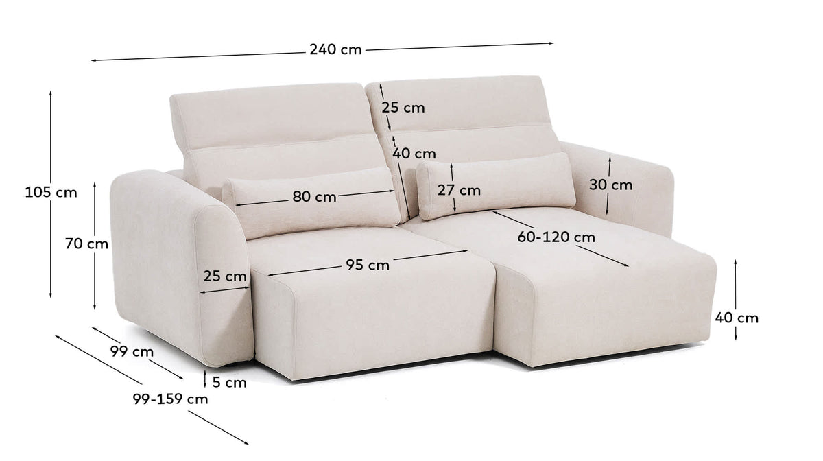 Sofa 3-osobowa z przesuwanymi siedziskami LARES beżowy szenil – wymiary